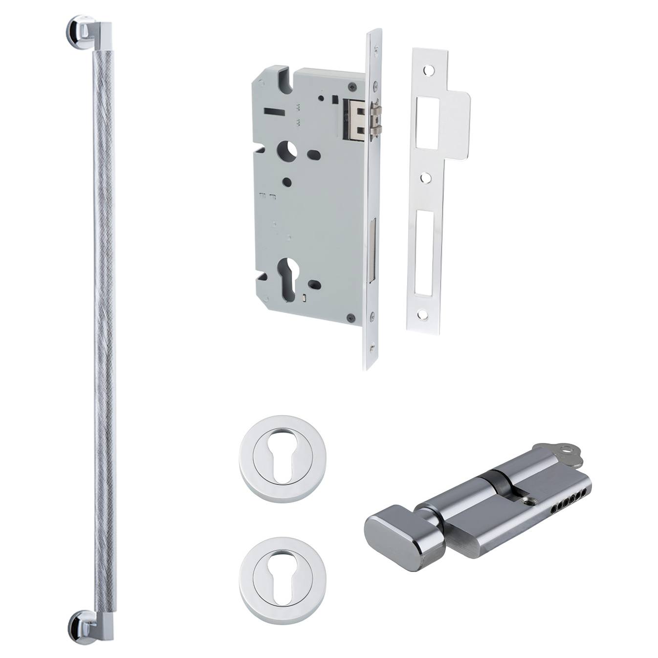 Brunswick Pull Handle 600mm Entrance Kit w Separate High Security Lock Polished Chrome