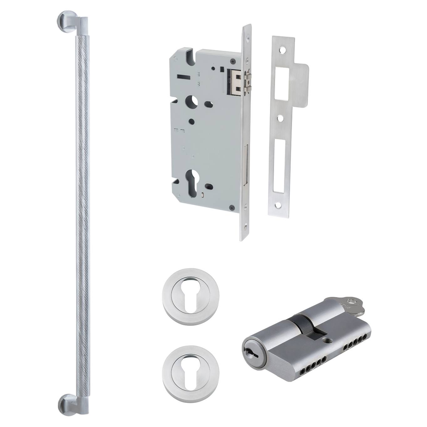Brunswick Pull Handle 600mm Entrance Kit w Separate High Security Lock Brushed Chrome