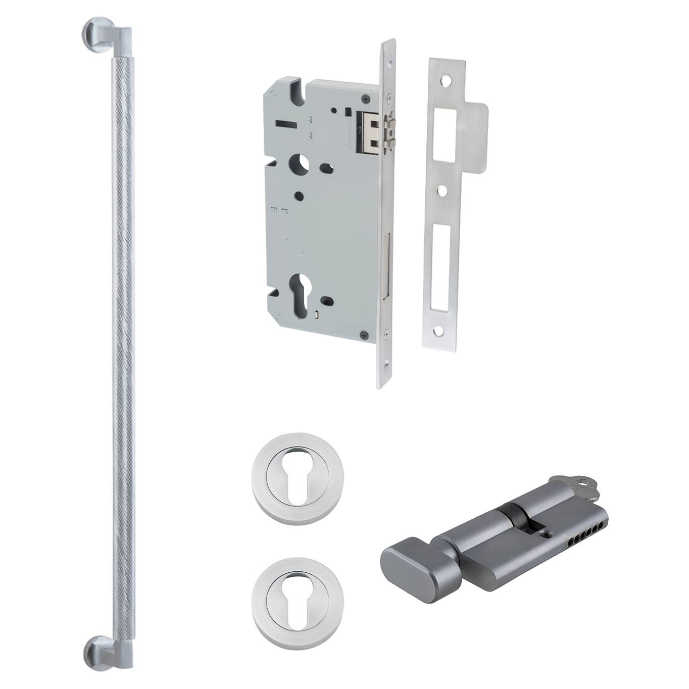 Brunswick Pull Handle 600mm Entrance Kit w Separate High Security Lock Brushed Chrome