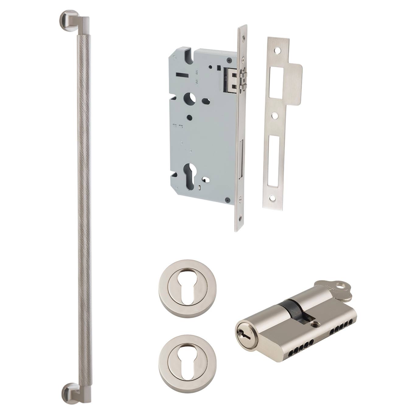Brunswick Pull Handle 600mm Entrance Kit w Separate High Security Lock Satin Nickel