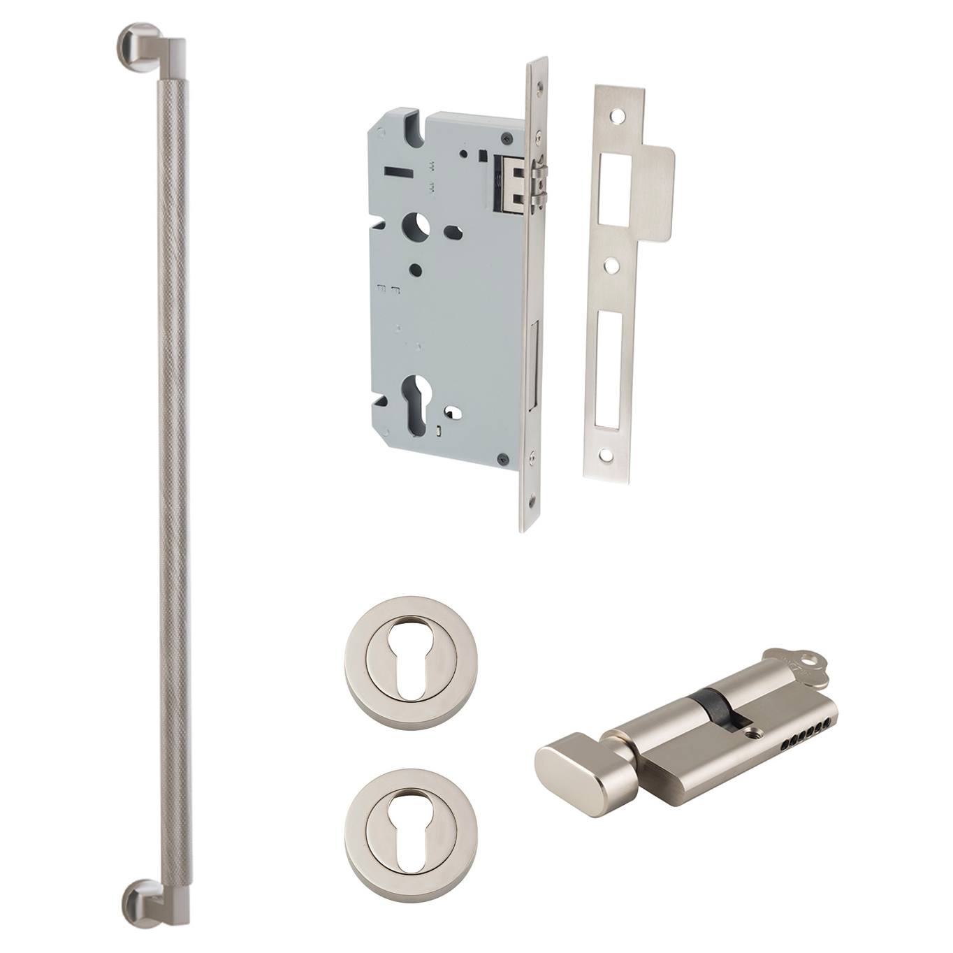 Brunswick Pull Handle 600mm Entrance Kit w Separate High Security Lock Satin Nickel