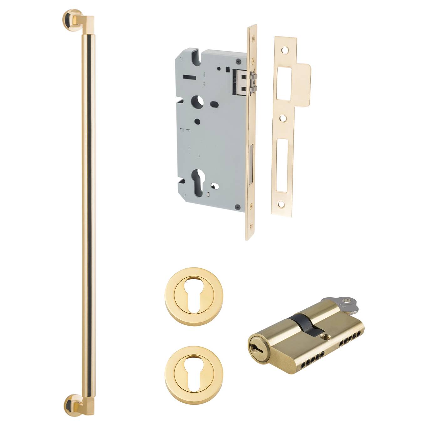 Berlin Pull Handle 600mm Entrance Kit w Separate High Security Lock Polished Brass