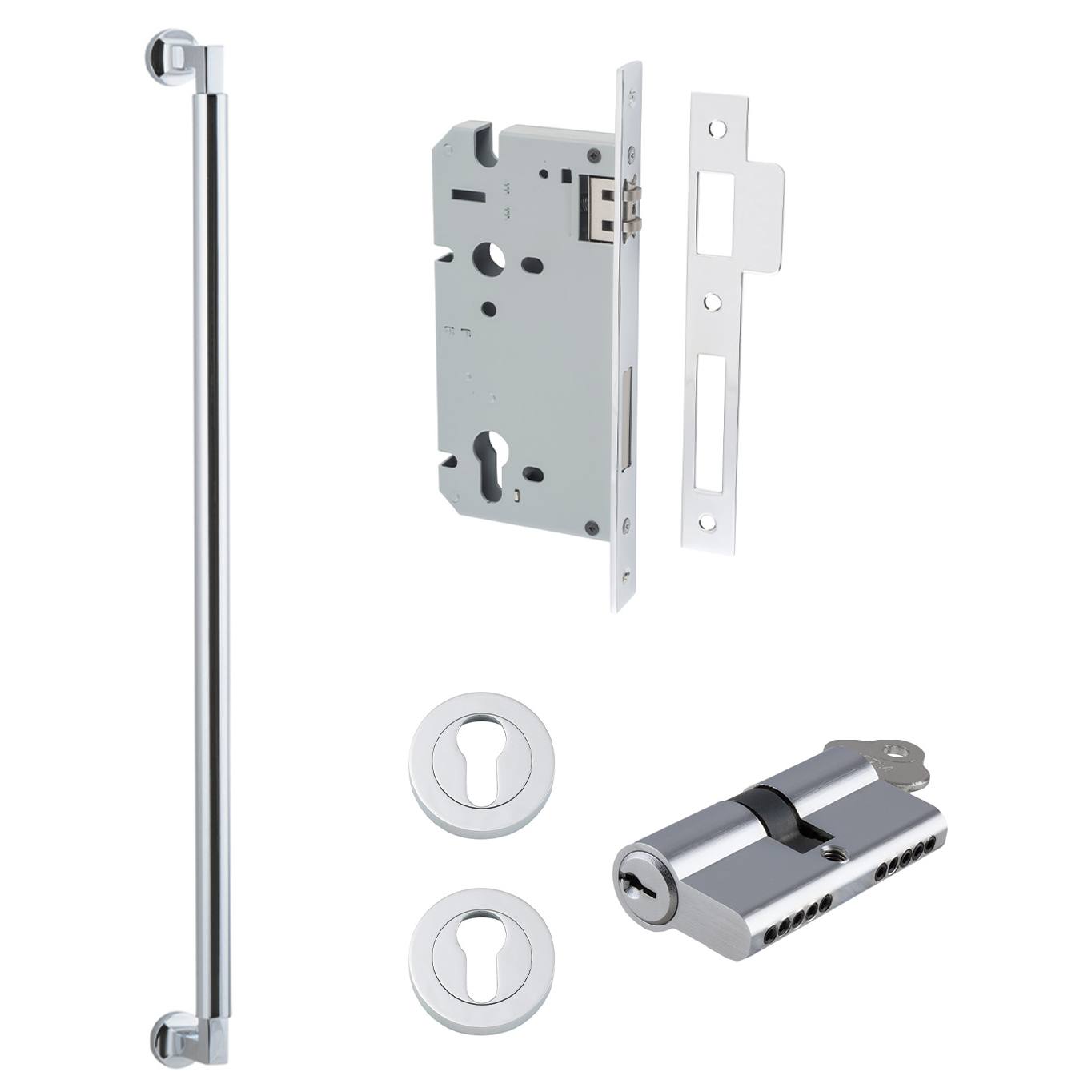 Berlin Pull Handle 600mm Entrance Kit w Separate High Security Lock Polished Chrome