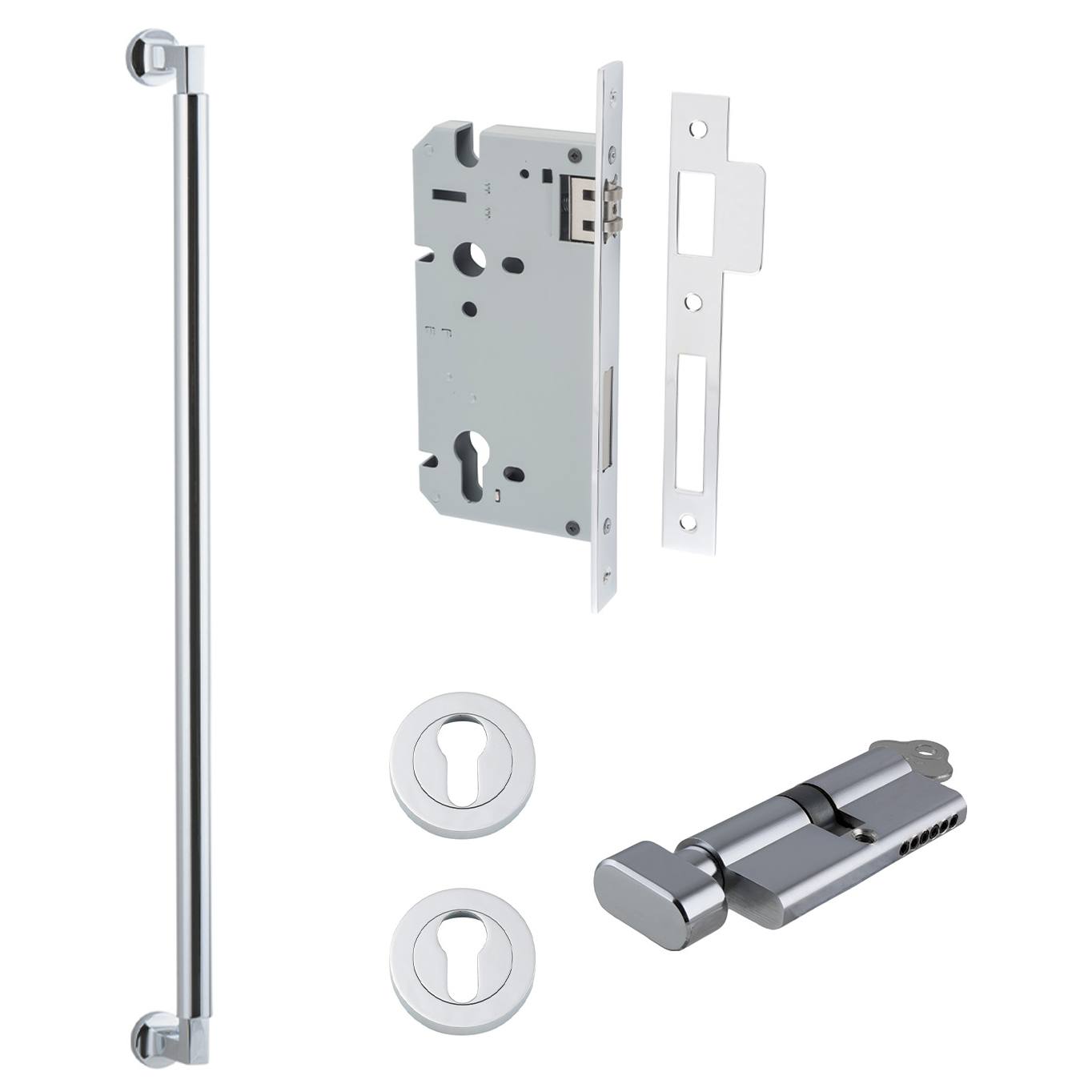 Berlin Pull Handle 600mm Entrance Kit w Separate High Security Lock Polished Chrome