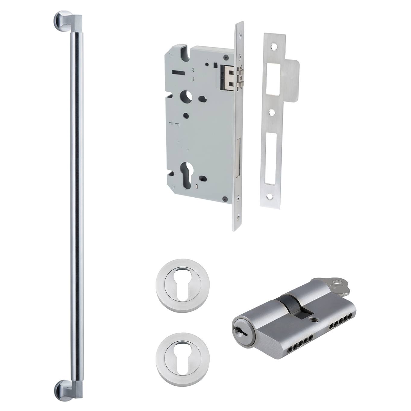 Berlin Pull Handle 600mm Entrance Kit w Separate High Security Lock Brushed Chrome