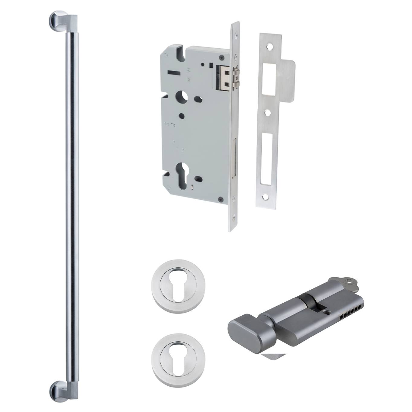 Berlin Pull Handle 600mm Entrance Kit w Separate High Security Lock Brushed Chrome