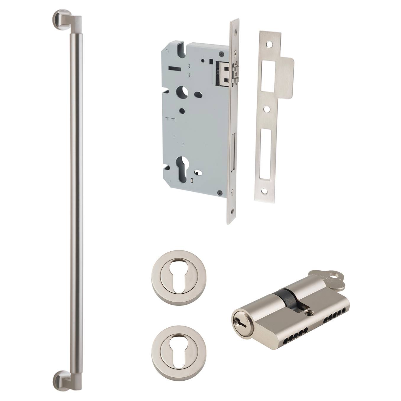 Berlin Pull Handle 600mm Entrance Kit w Separate High Security Lock Satin Nickel