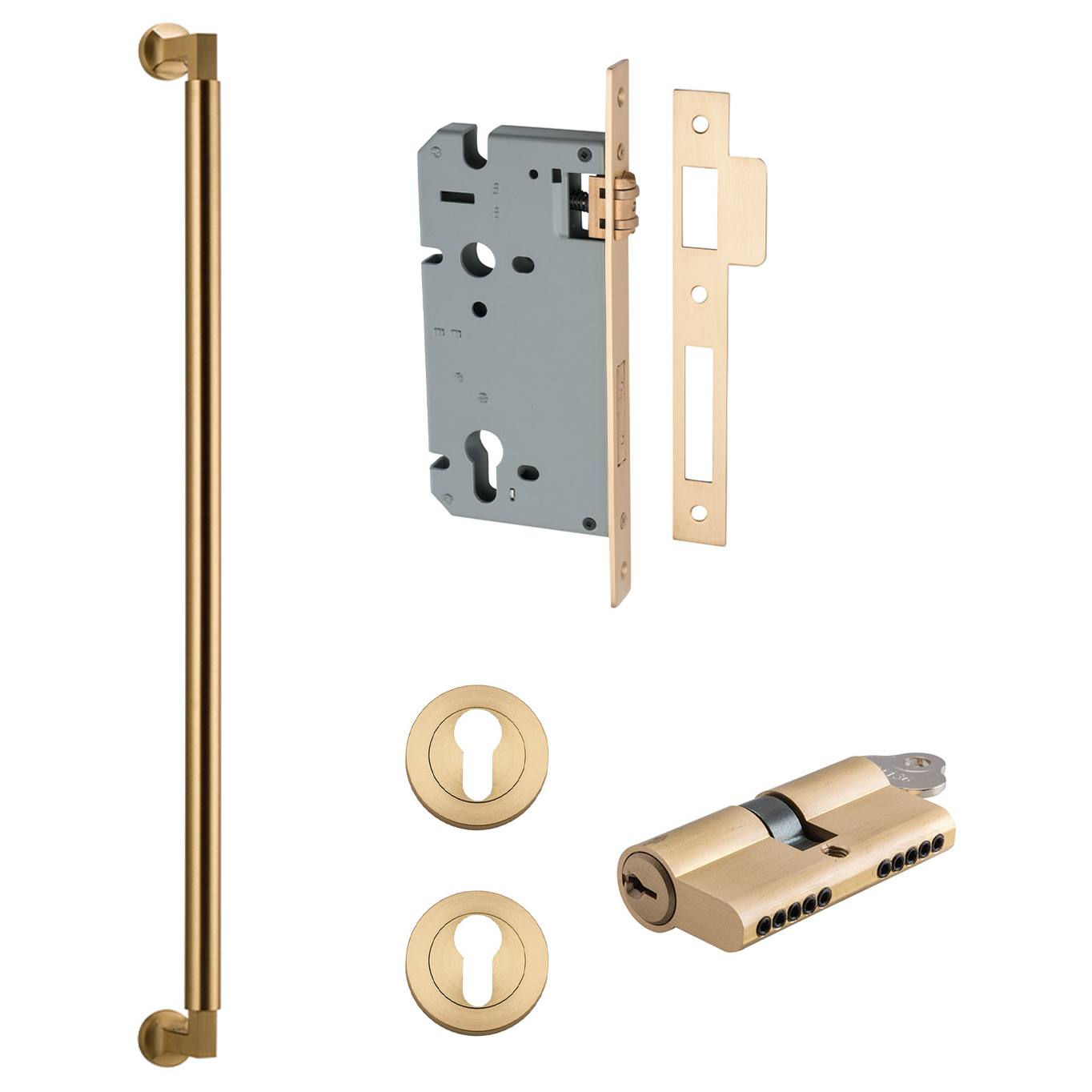 Berlin Pull Handle 600mm Entrance Kit w Separate High Security Lock Brushed Brass
