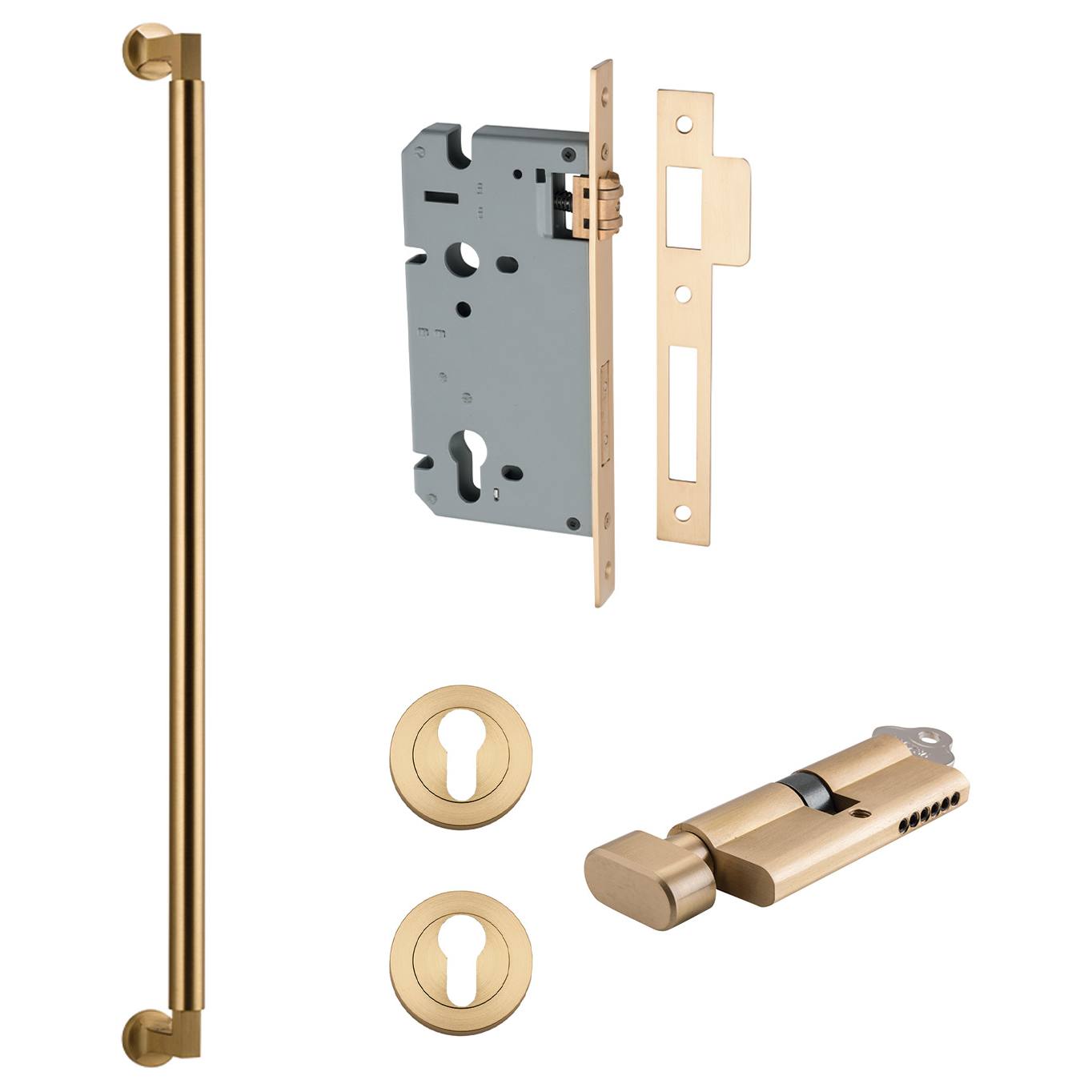 Berlin Pull Handle 600mm Entrance Kit w Separate High Security Lock Brushed Brass