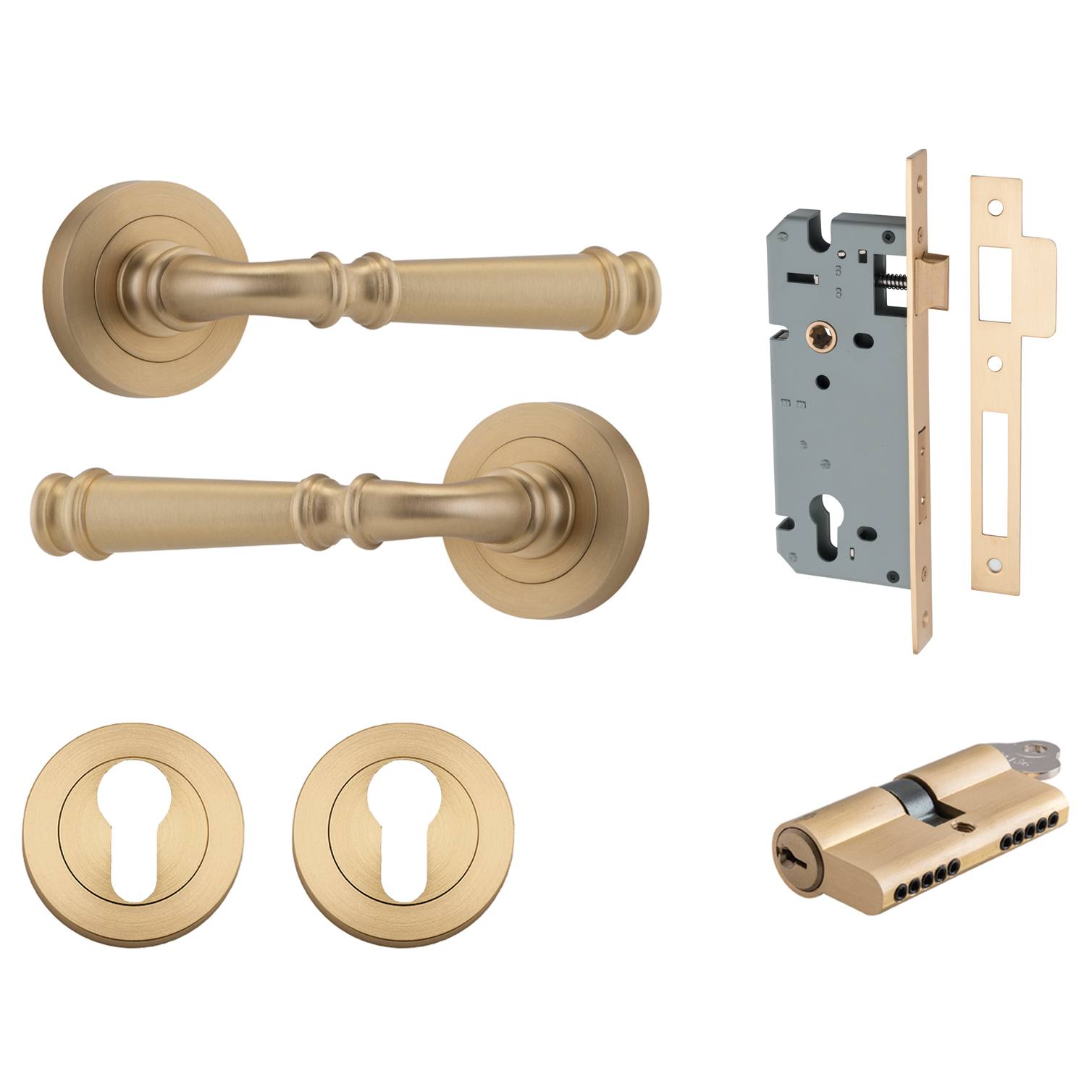 Verona Lever Round Rose Entrance Kit w Separate High Security Lock Brushed Brass