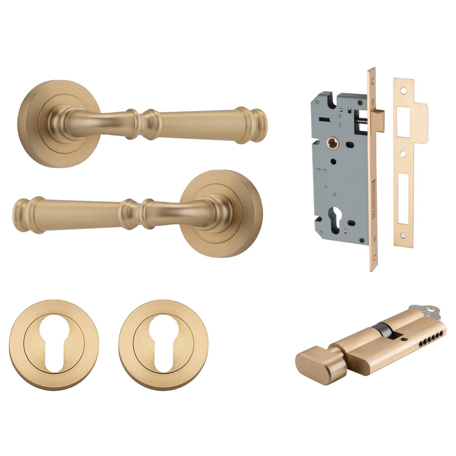 Verona Lever Round Rose Entrance Kit w Separate High Security Lock Brushed Brass