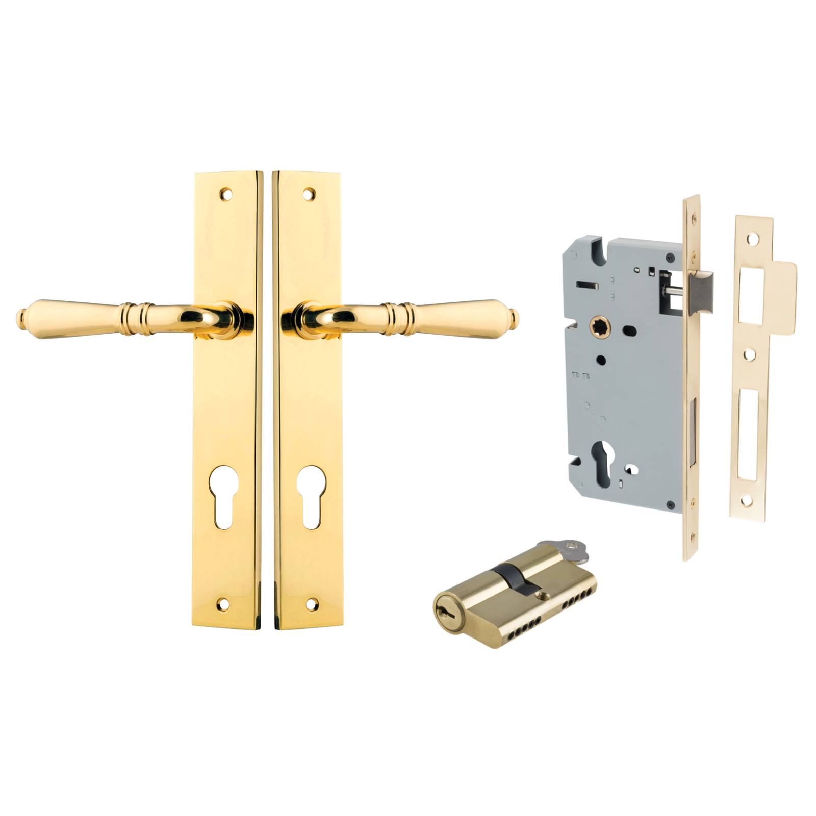 Sarlat Lever Rectangular Backplate Entrance Kit w High Security Lock Polished Brass