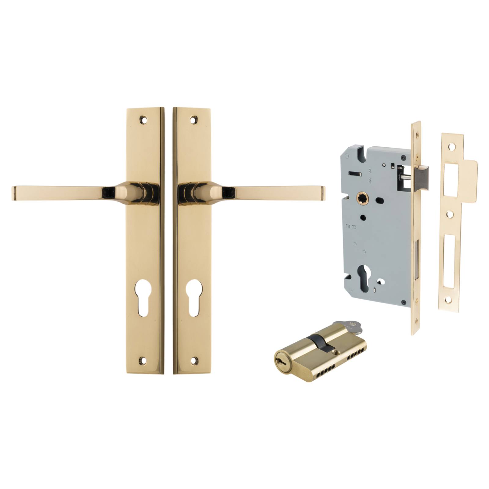 Annecy Lever Rectangular Backplate Entrance Kit w High Security Lock Polished Brass