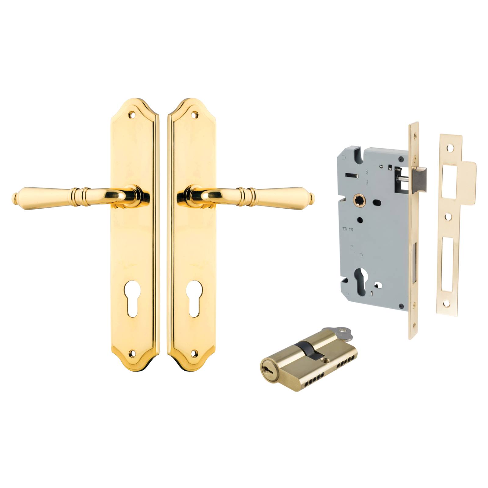 Sarlat Lever Shouldered Backplate Entrance Kit w High Security Lock Polished Brass