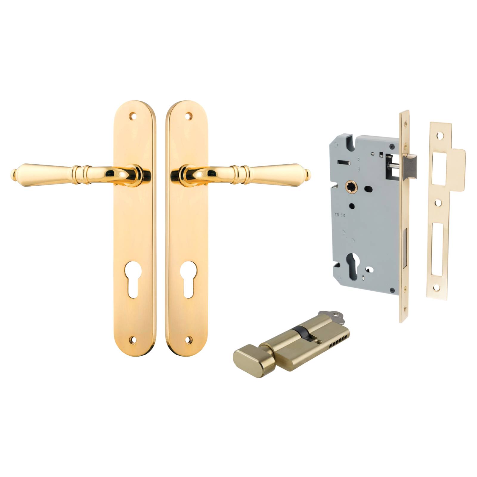 Sarlat Lever Oval Backplate Entrance Kit w High Security Lock Polished Brass