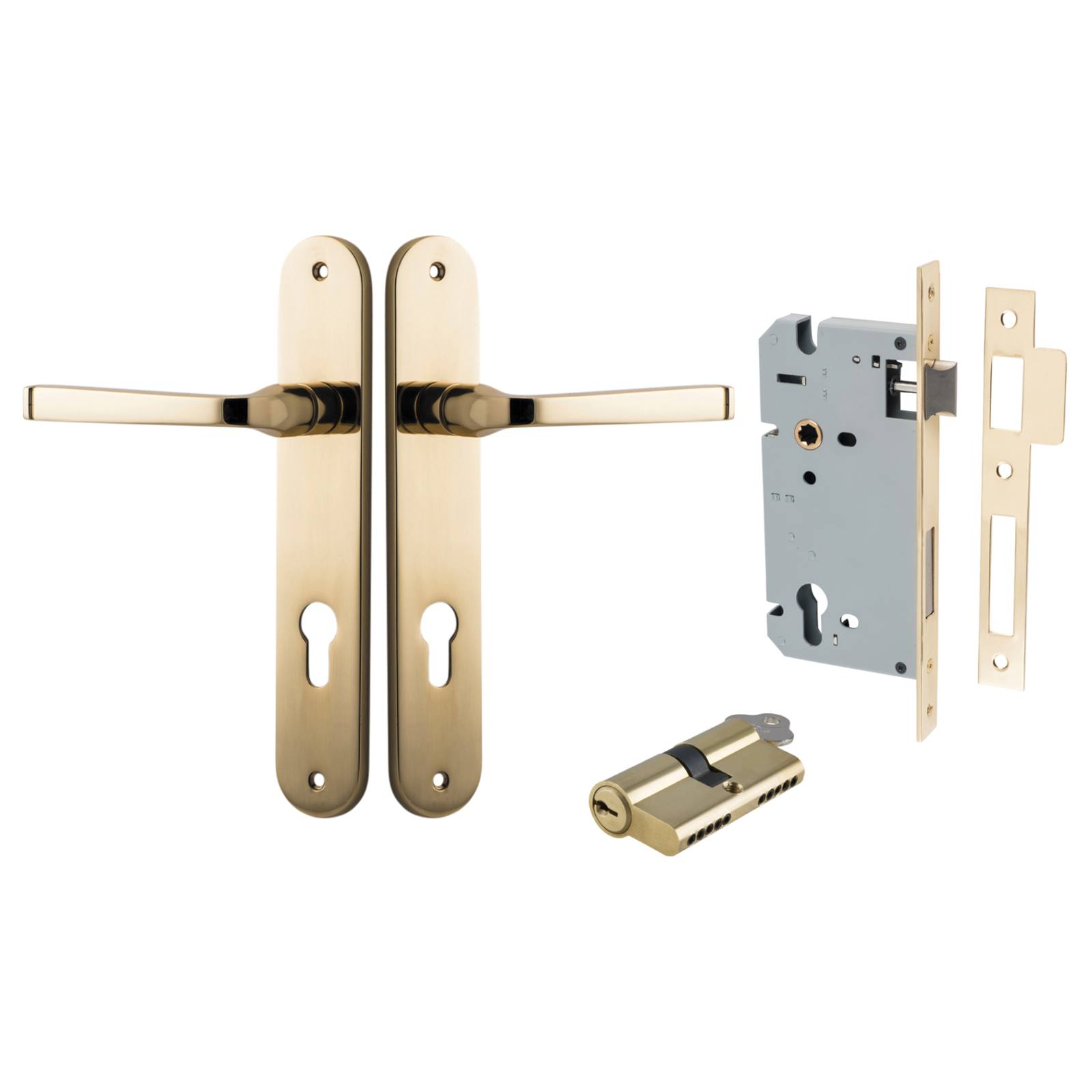 Annecy Lever Oval Backplate Entrance Kit w High Security Lock Polished Brass