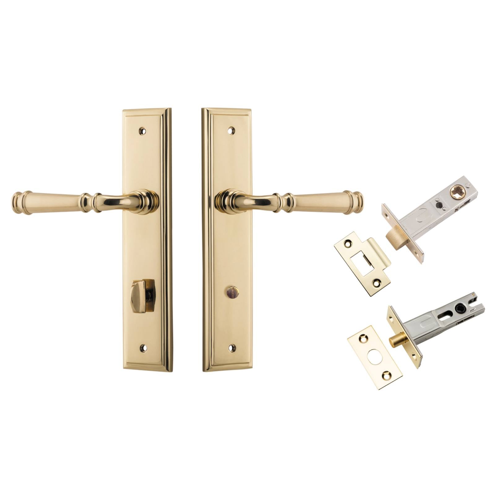Verona Lever Stepped Backplate Privacy Kit w Privacy Turn Polished Brass