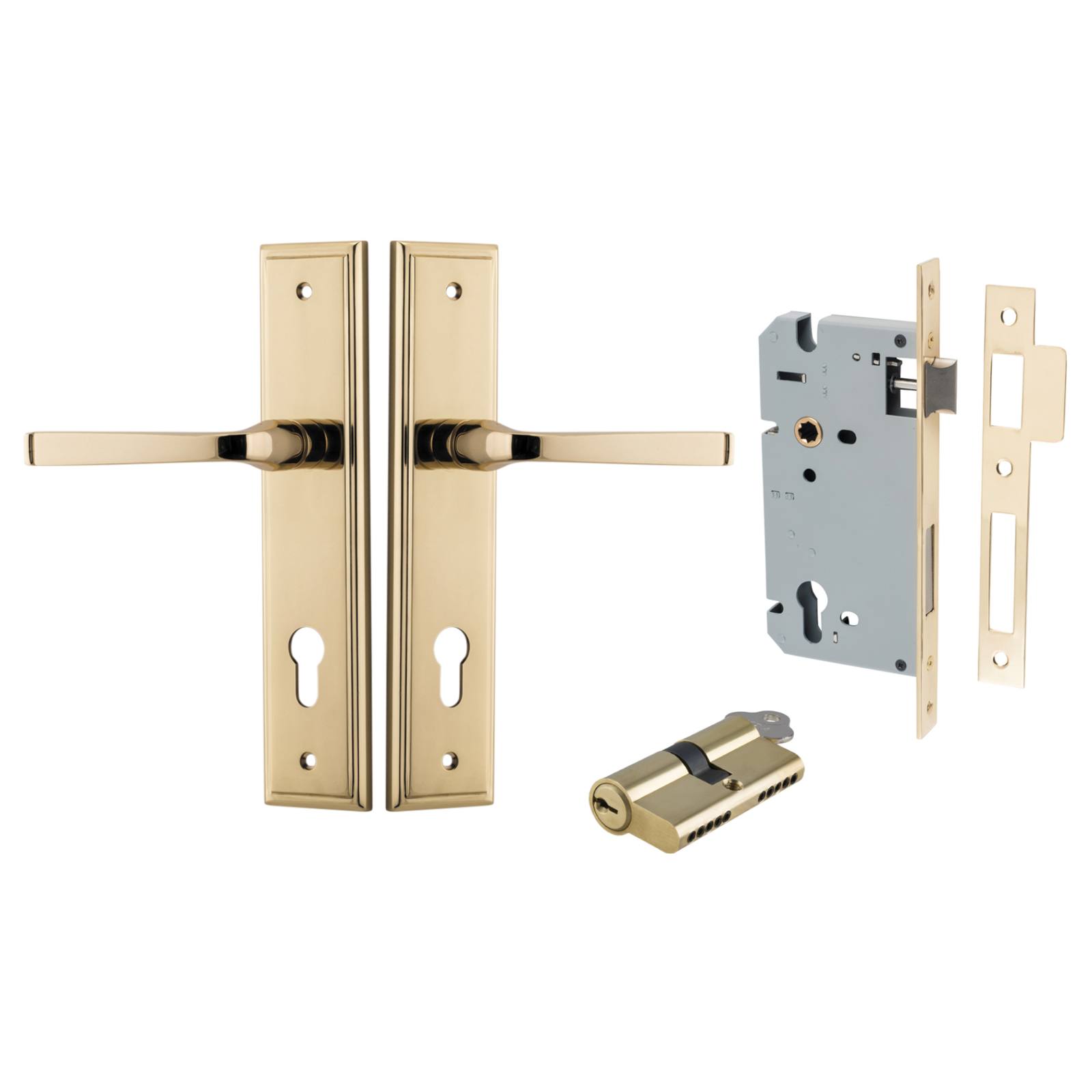 Annecy Lever Stepped Backplate Entrance Kit w High Security Lock Polished Brass