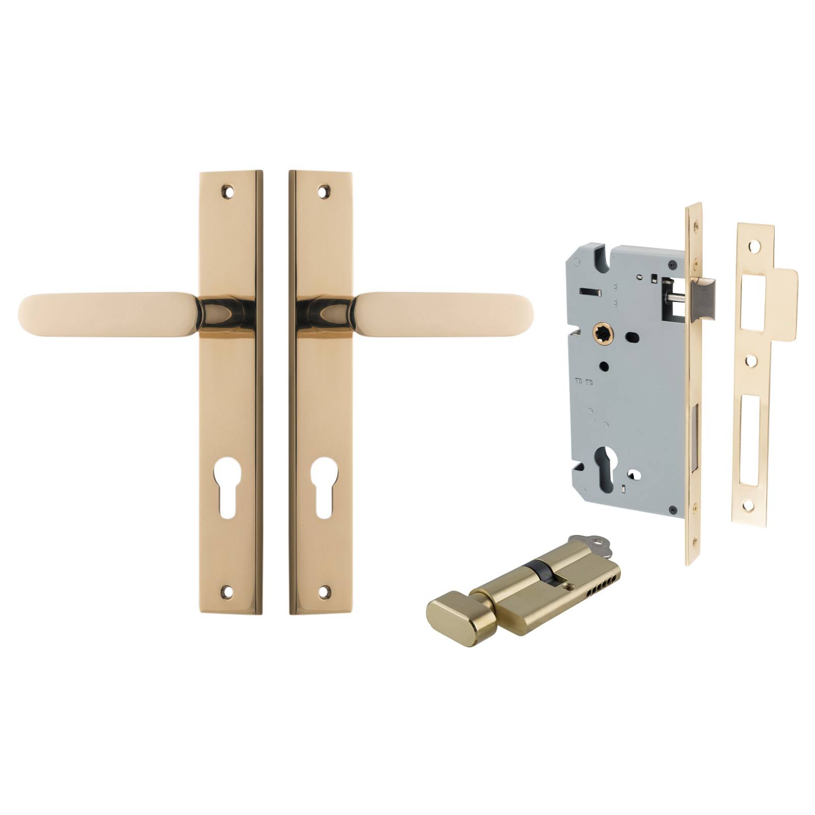Bronte Lever Rectangular Backplate Entrance Kit w High Security Lock Polished Brass