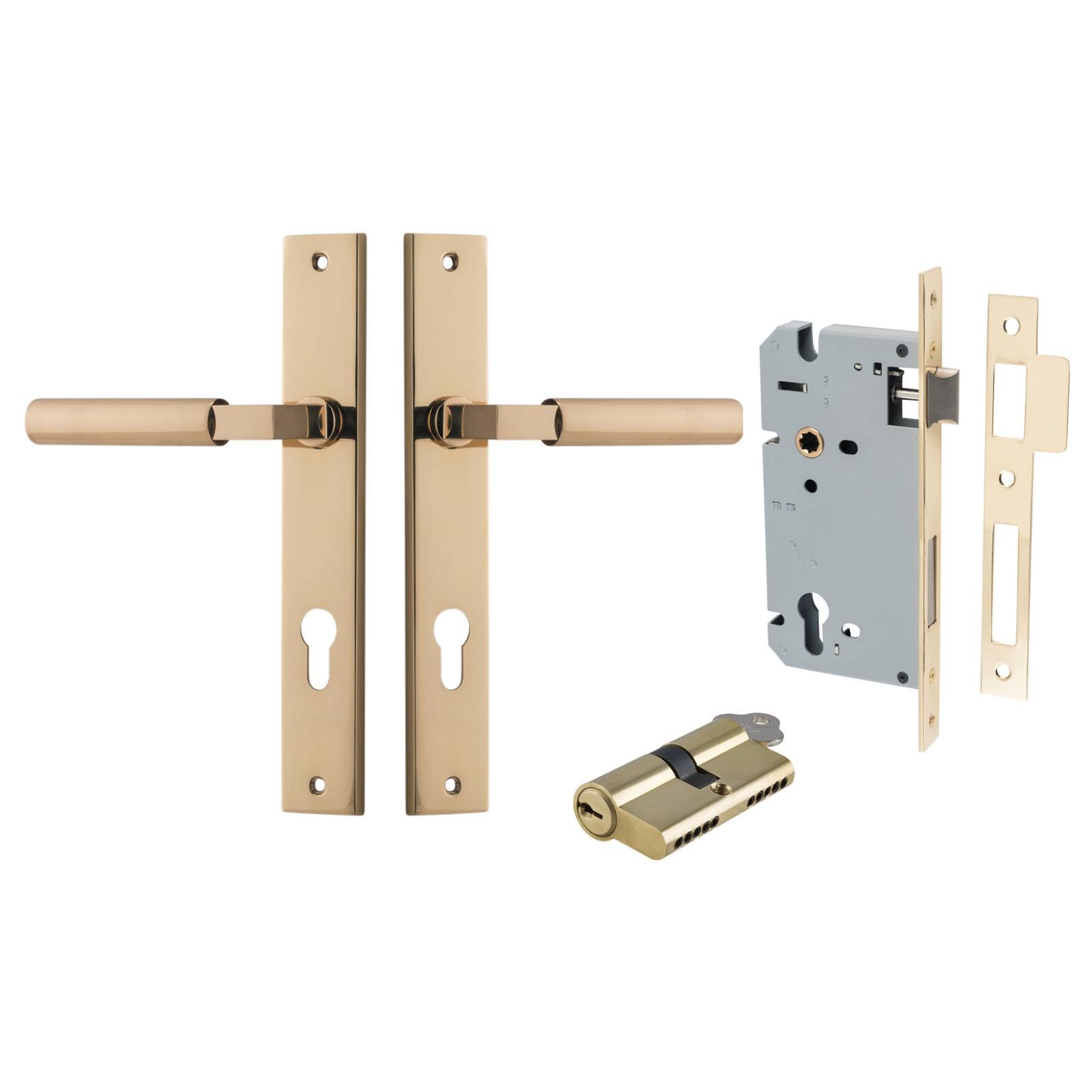 Berlin Lever Rectangular Backplate Entrance Kit w High Security Lock Polished Brass