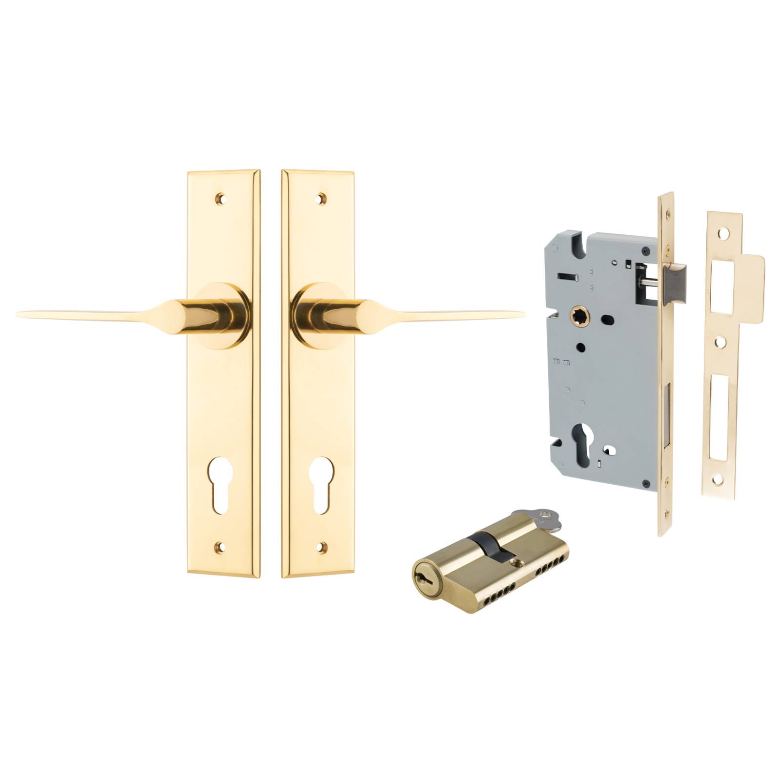 Como Lever Chamfered Backplate Entrance Kit w High Security Lock Polished Brass