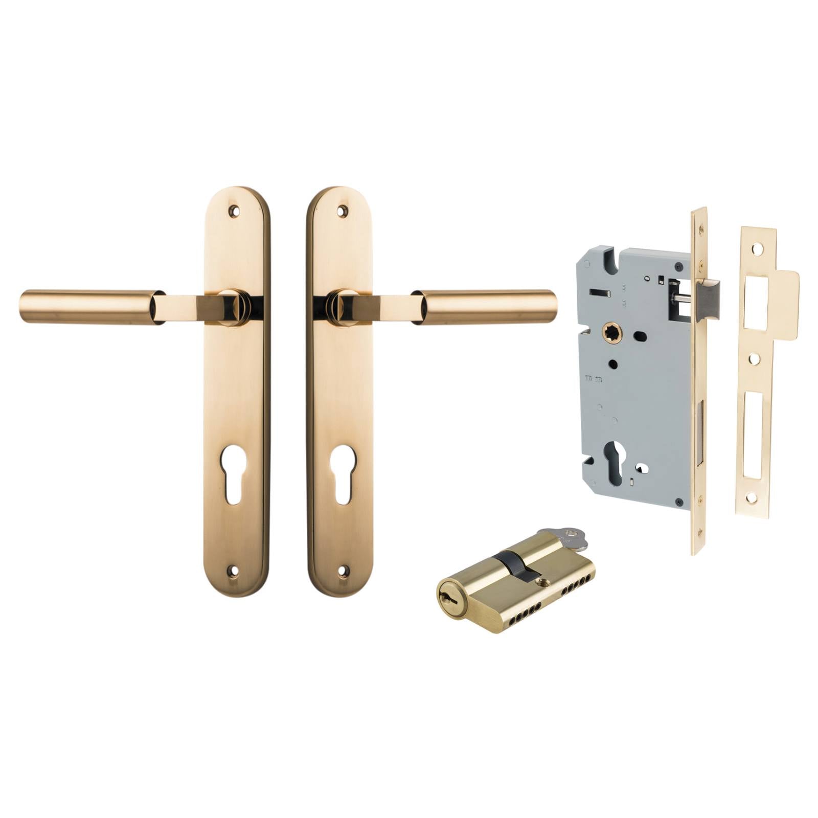 Berlin Lever Oval Backplate Entrance Kit w High Security Lock Polished Brass