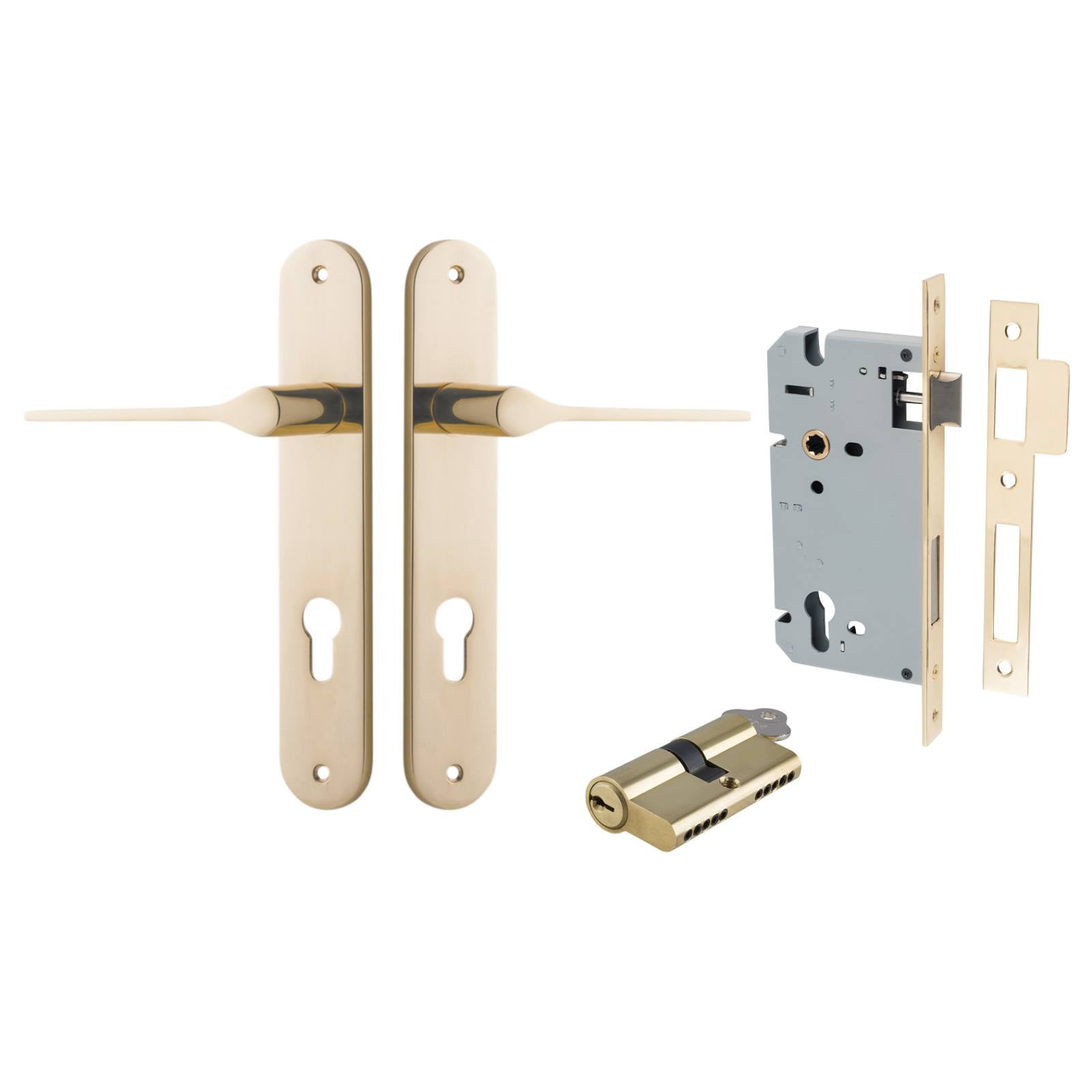 Como Lever Oval Backplate Entrance Kit w High Security Lock Polished Brass