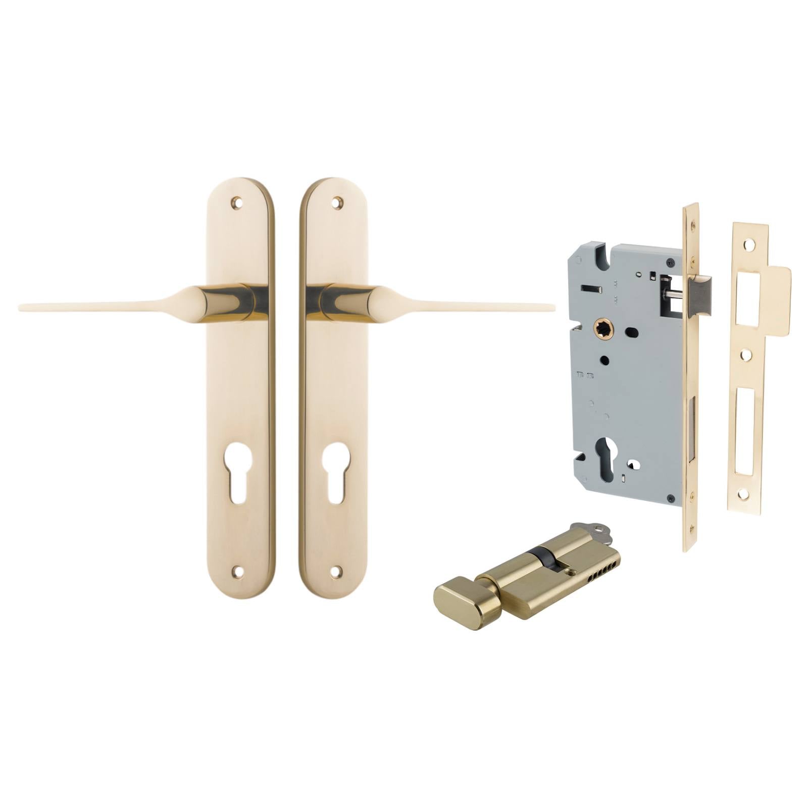 Como Lever Oval Backplate Entrance Kit w High Security Lock Polished Brass