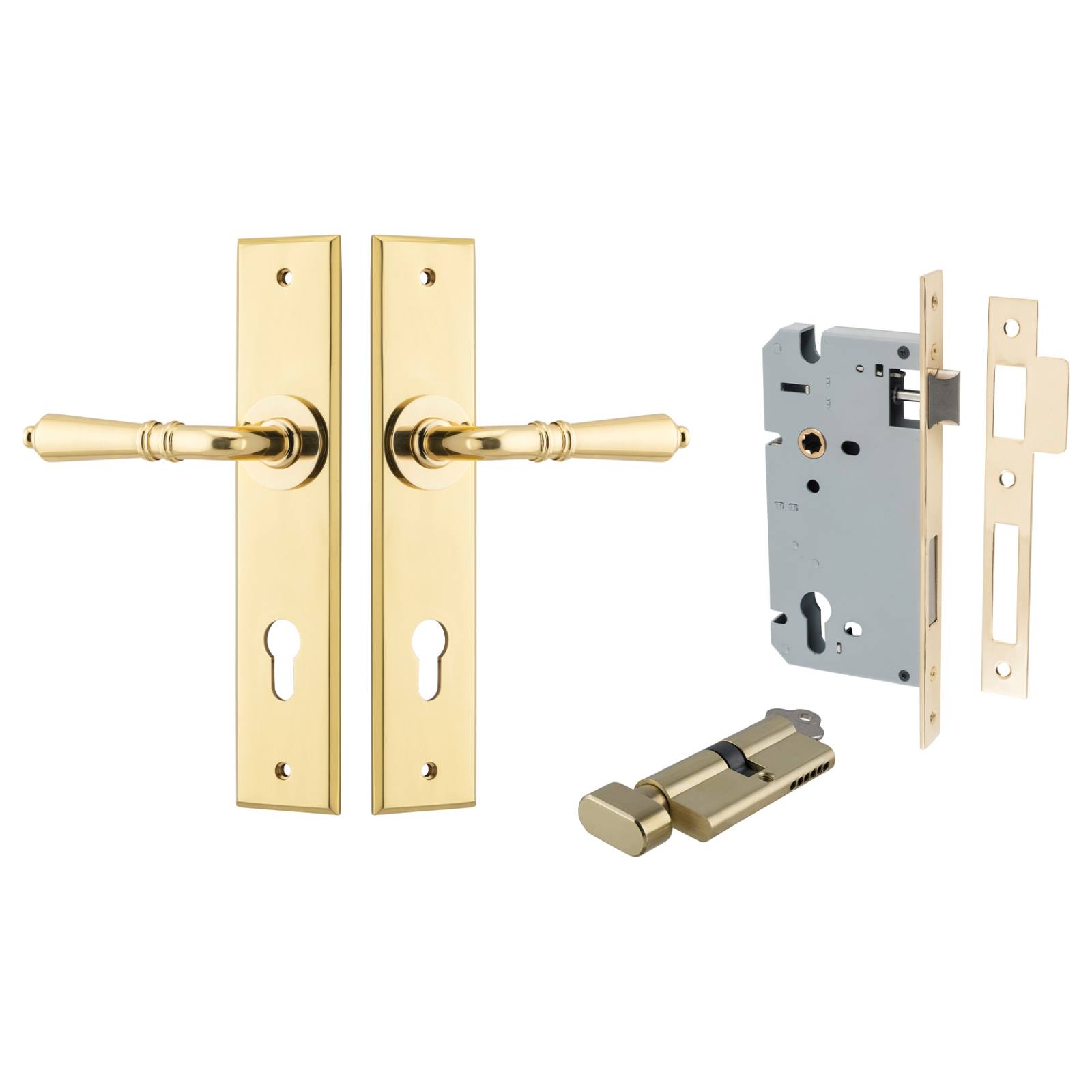 Sarlat Lever Chamfered Backplate Entrance Kit w High Security Lock Polished Brass