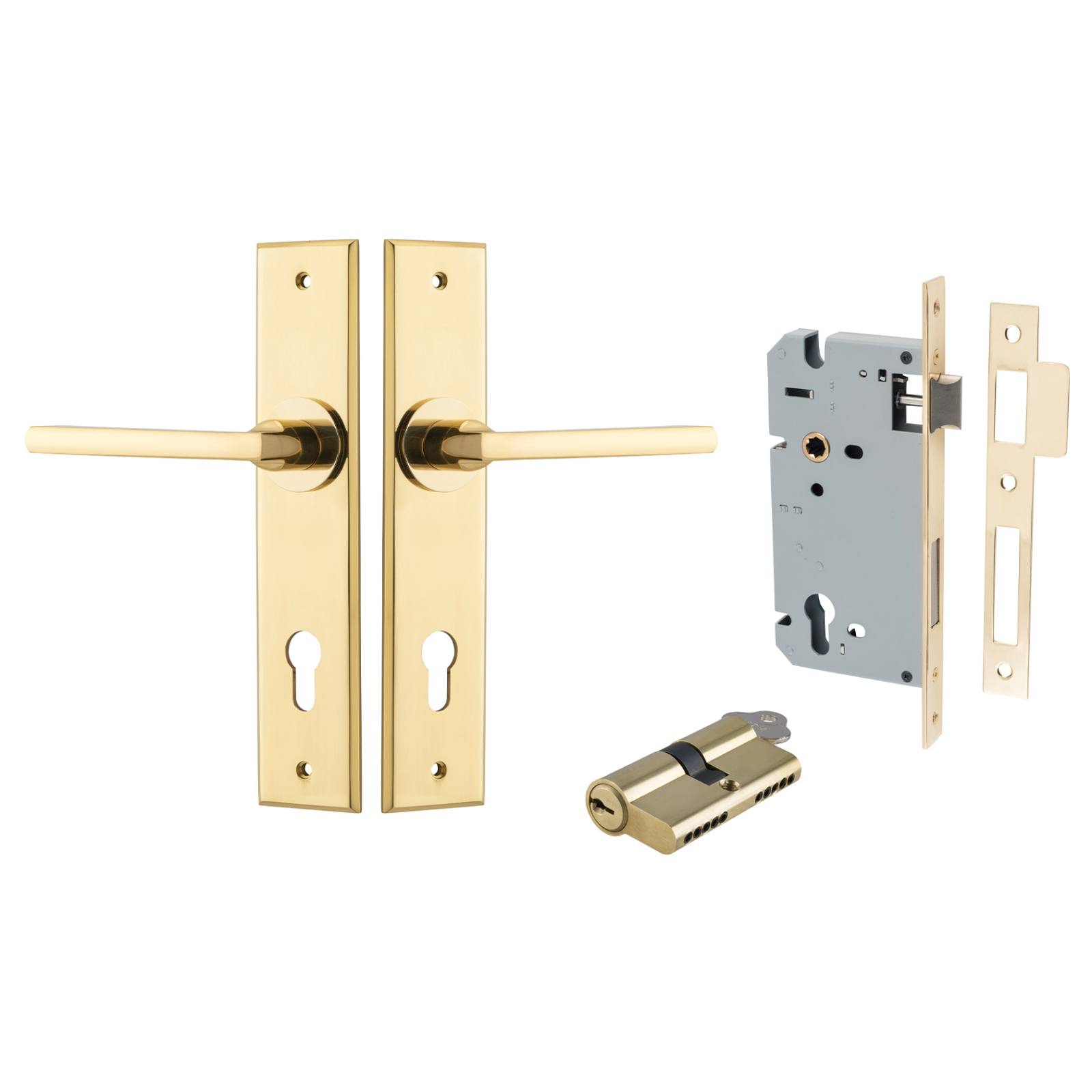 Baltimore Lever Chamfered Backplate Entrance Kit w High Security Lock Polished Brass