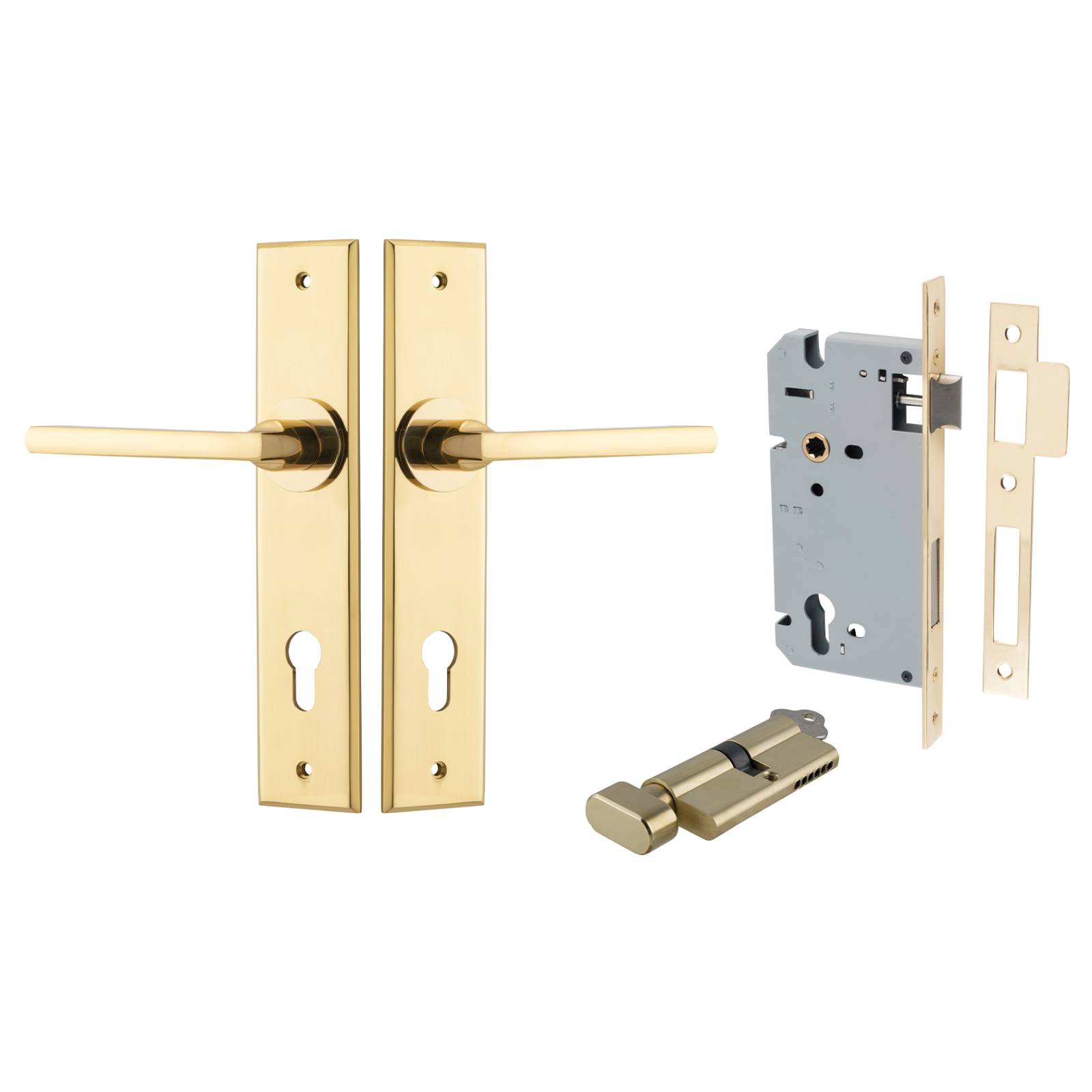 Baltimore Lever Chamfered Backplate Entrance Kit w High Security Lock Polished Brass