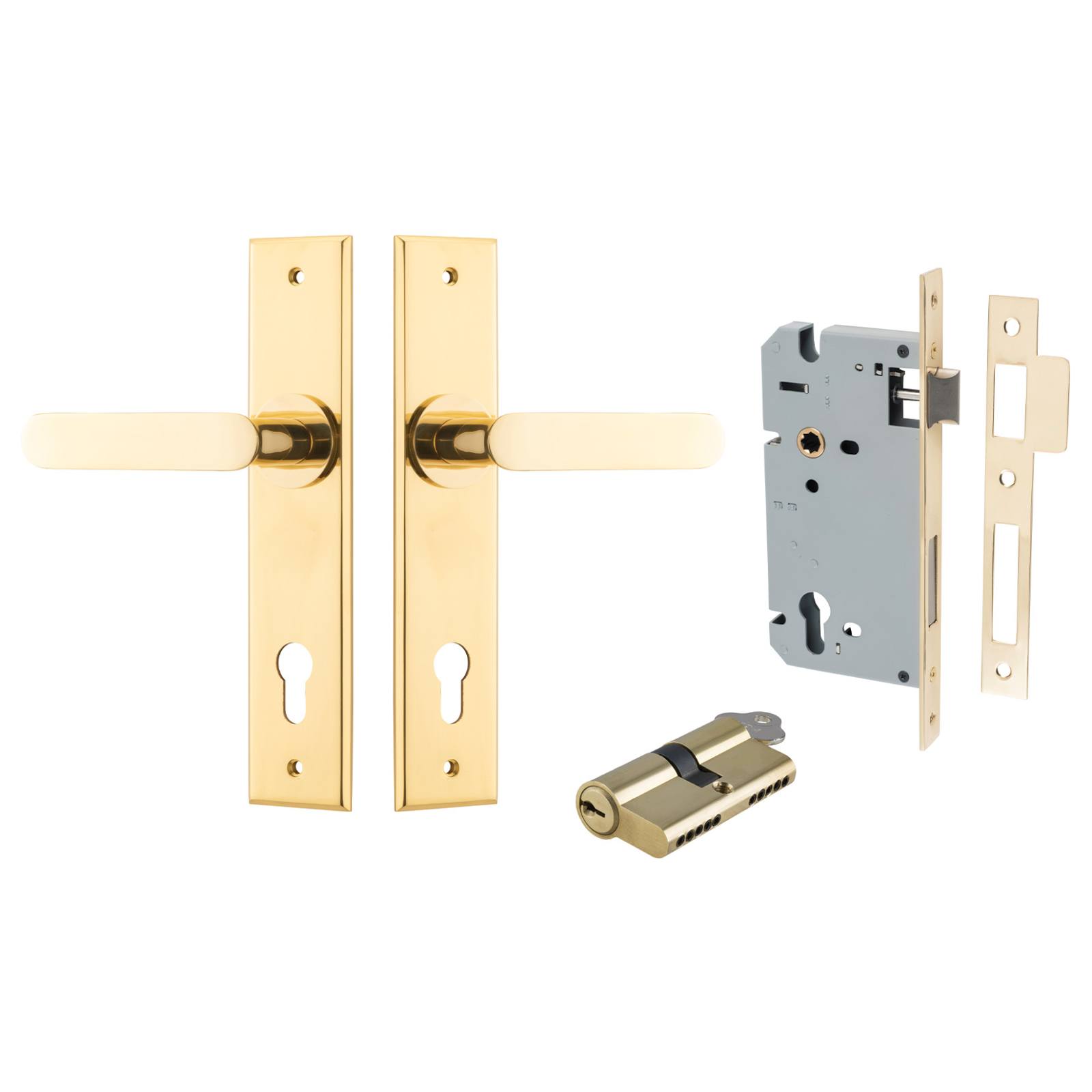 Bronte Lever Chamfered Backplate Entrance Kit w High Security Lock Polished Brass