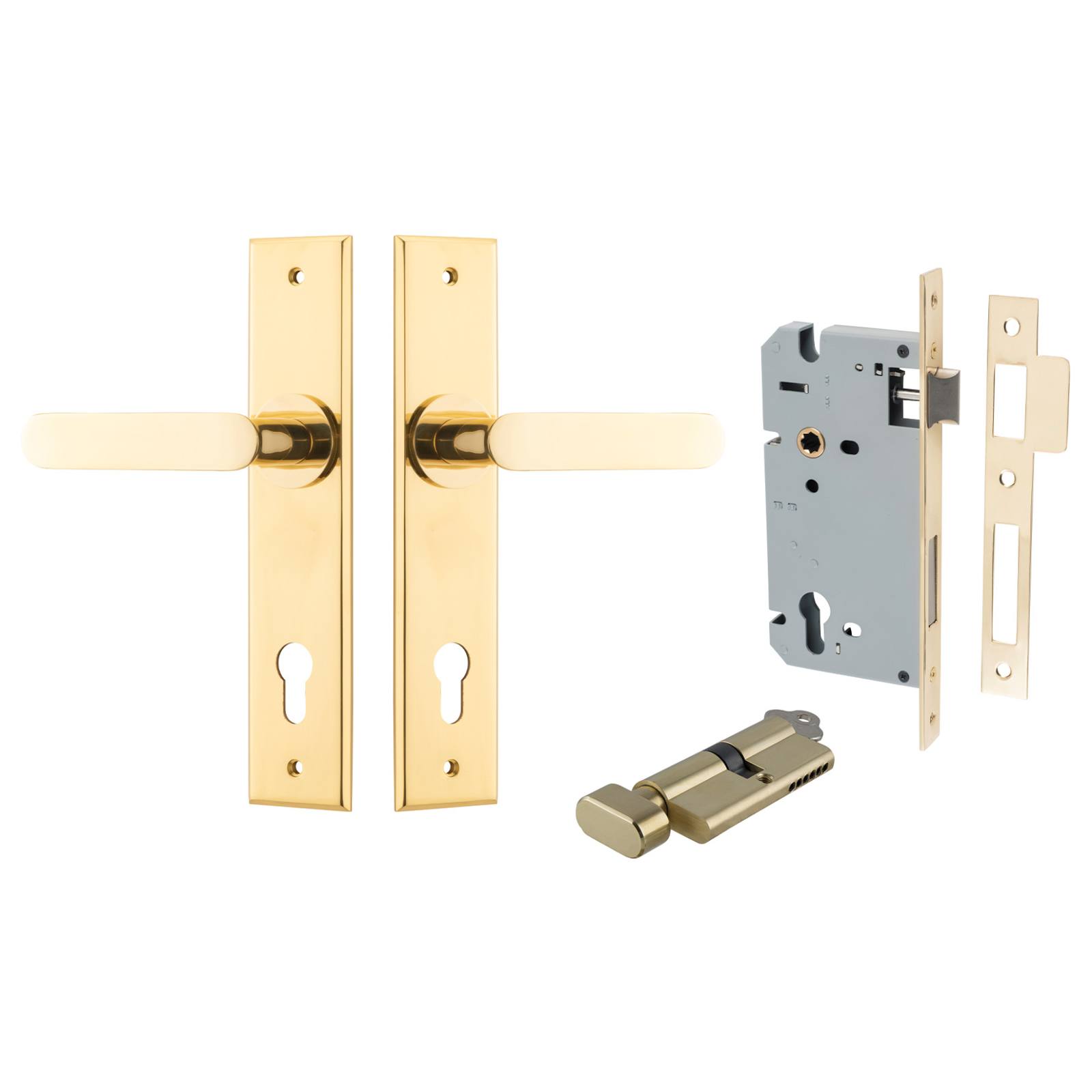 Bronte Lever Chamfered Backplate Entrance Kit w High Security Lock Polished Brass