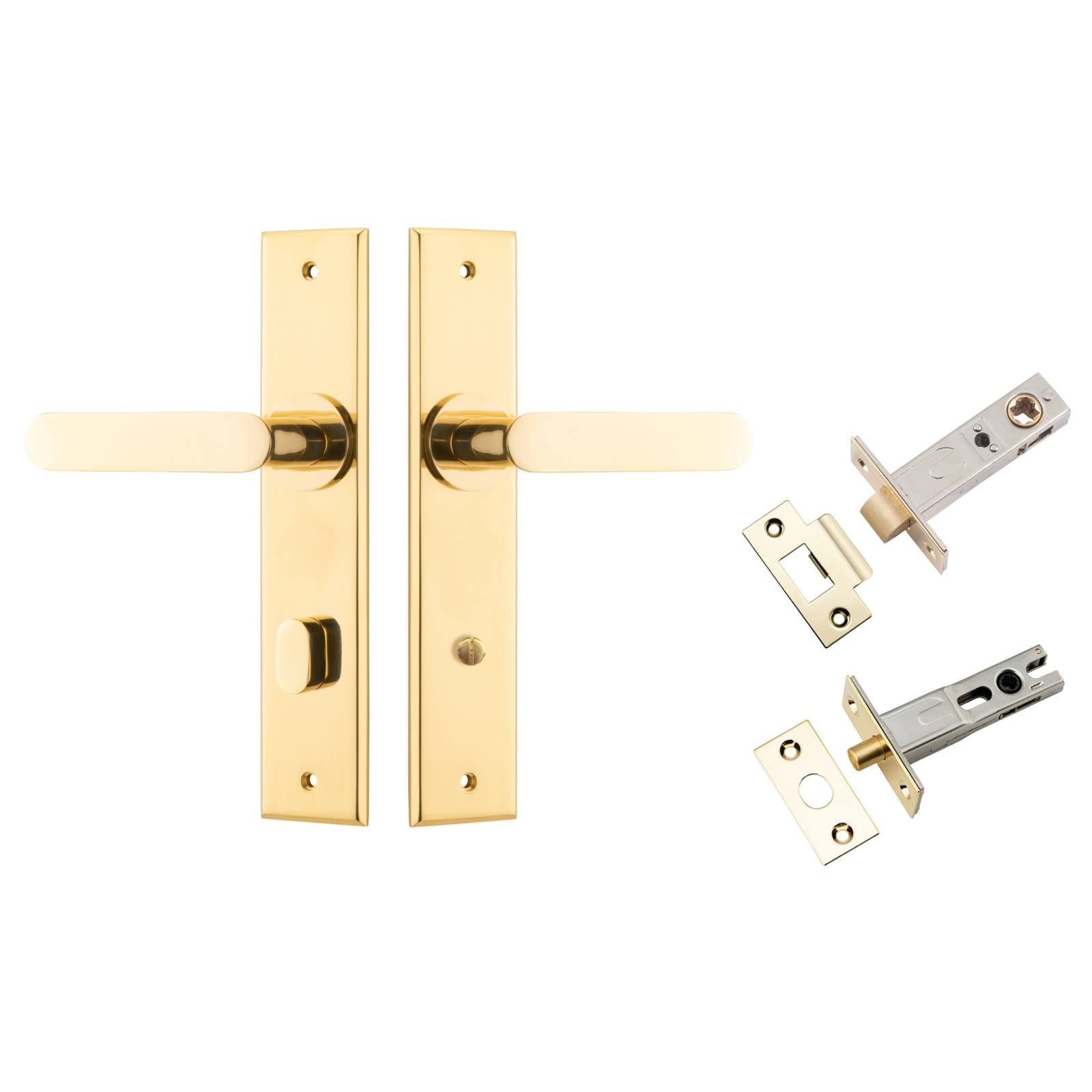 Bronte Lever Chamfered Backplate Privacy Kit w Privacy Turn Polished Brass
