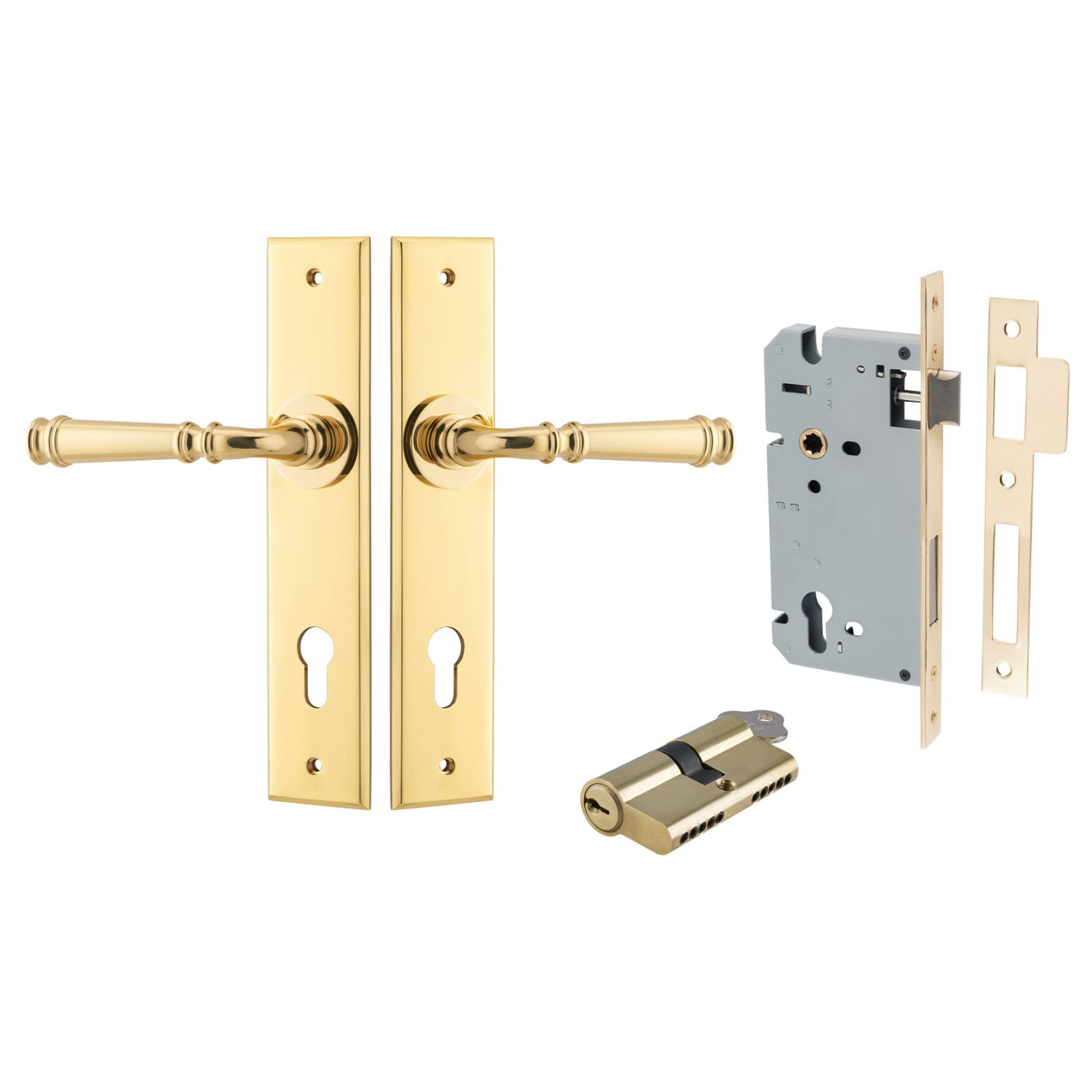 Verona Lever Chamfered Backplate Entrance Kit w High Security Lock Polished Brass