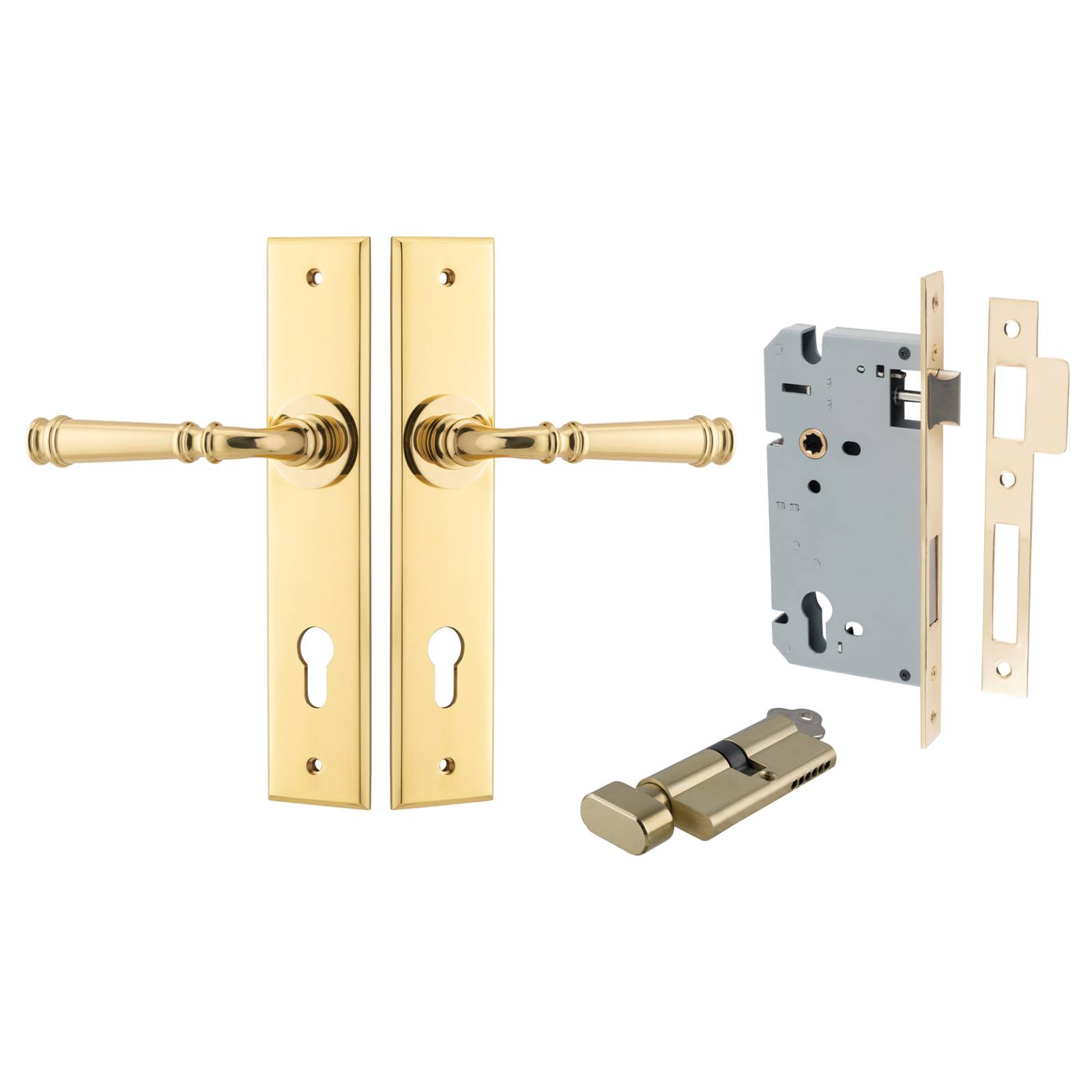 Verona Lever Chamfered Backplate Entrance Kit w High Security Lock Polished Brass