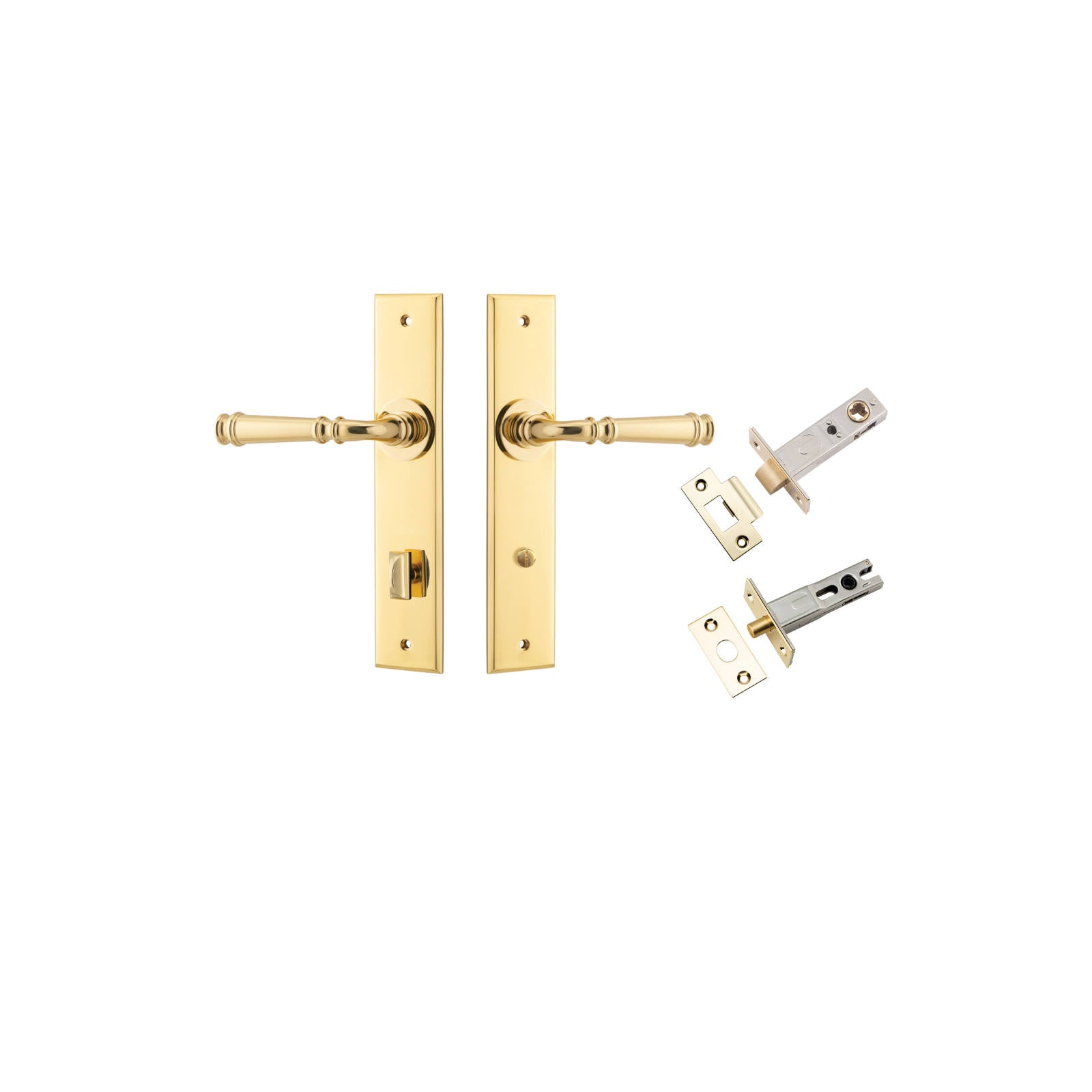 Verona Lever Chamfered  Backplate Privacy Kit w Privacy Turn Polished Brass