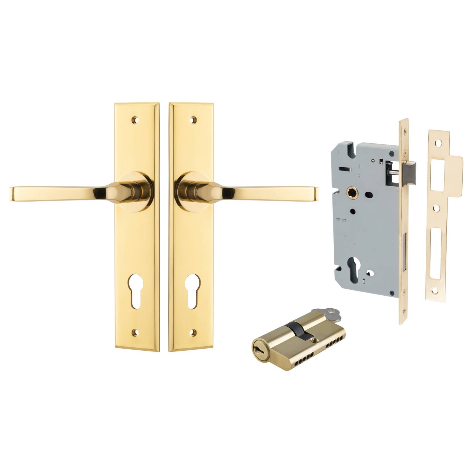 Annecy Lever Chamfered Backplate Entrance Kit w High Security Lock Polished Brass