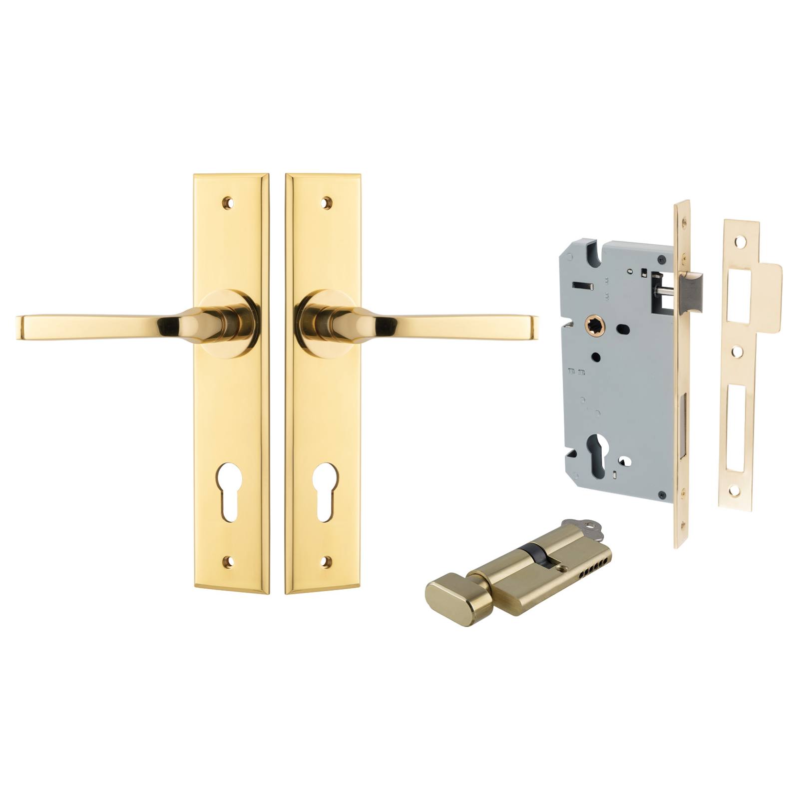 Annecy Lever Chamfered Backplate Entrance Kit w High Security Lock Polished Brass