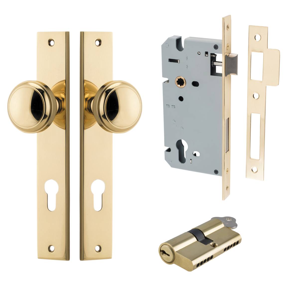 Paddington Knob Rectangular Backplate Entrance Kit w High Security Lock Polished Brass