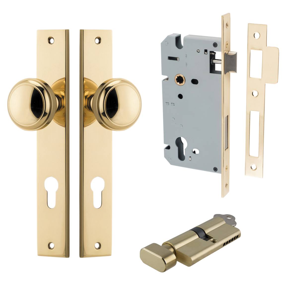 Paddington Knob Rectangular Backplate Entrance Kit w High Security Lock Polished Brass