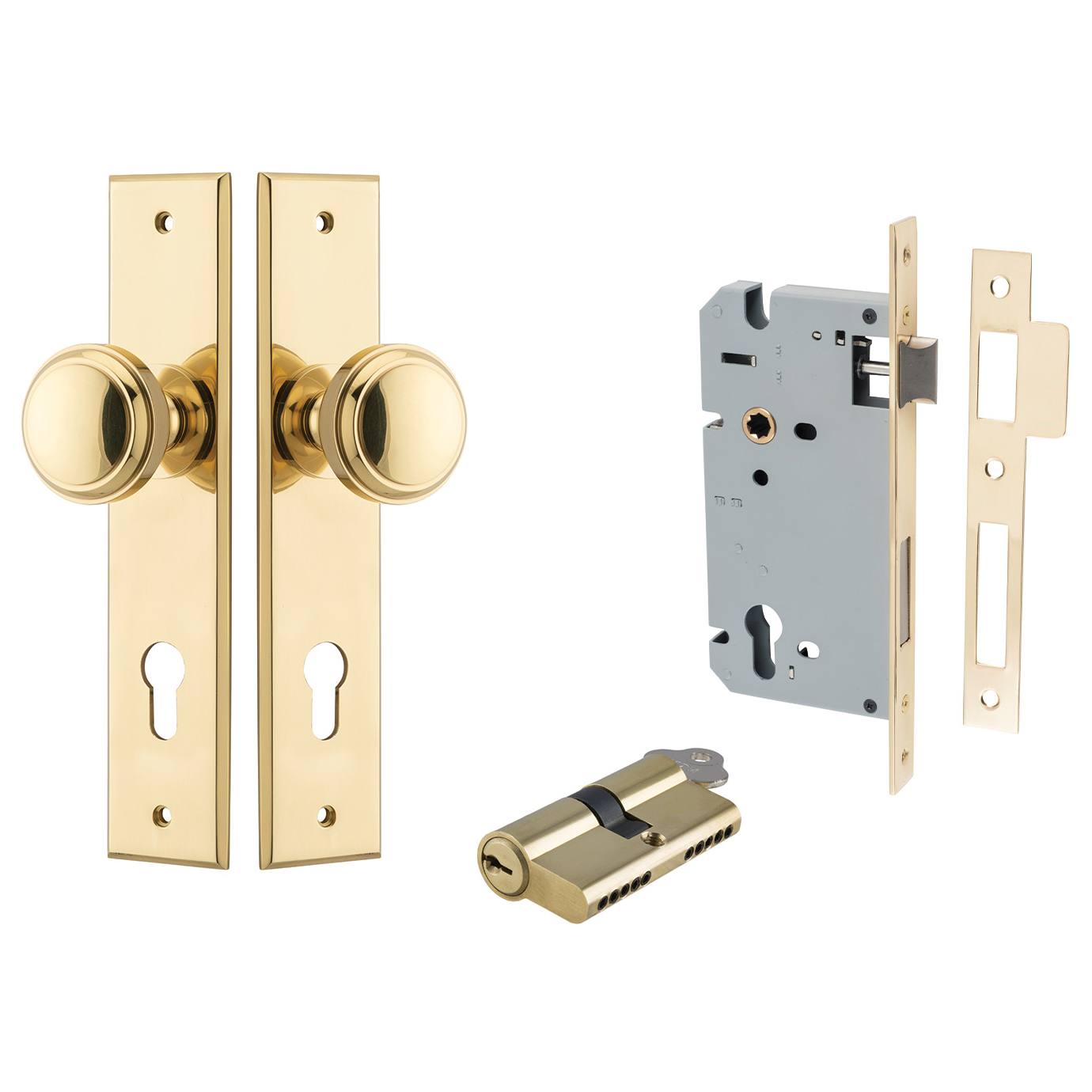 Paddington Knob Chamfered Backplate Entrance Kit w High Security Lock Polished Brass