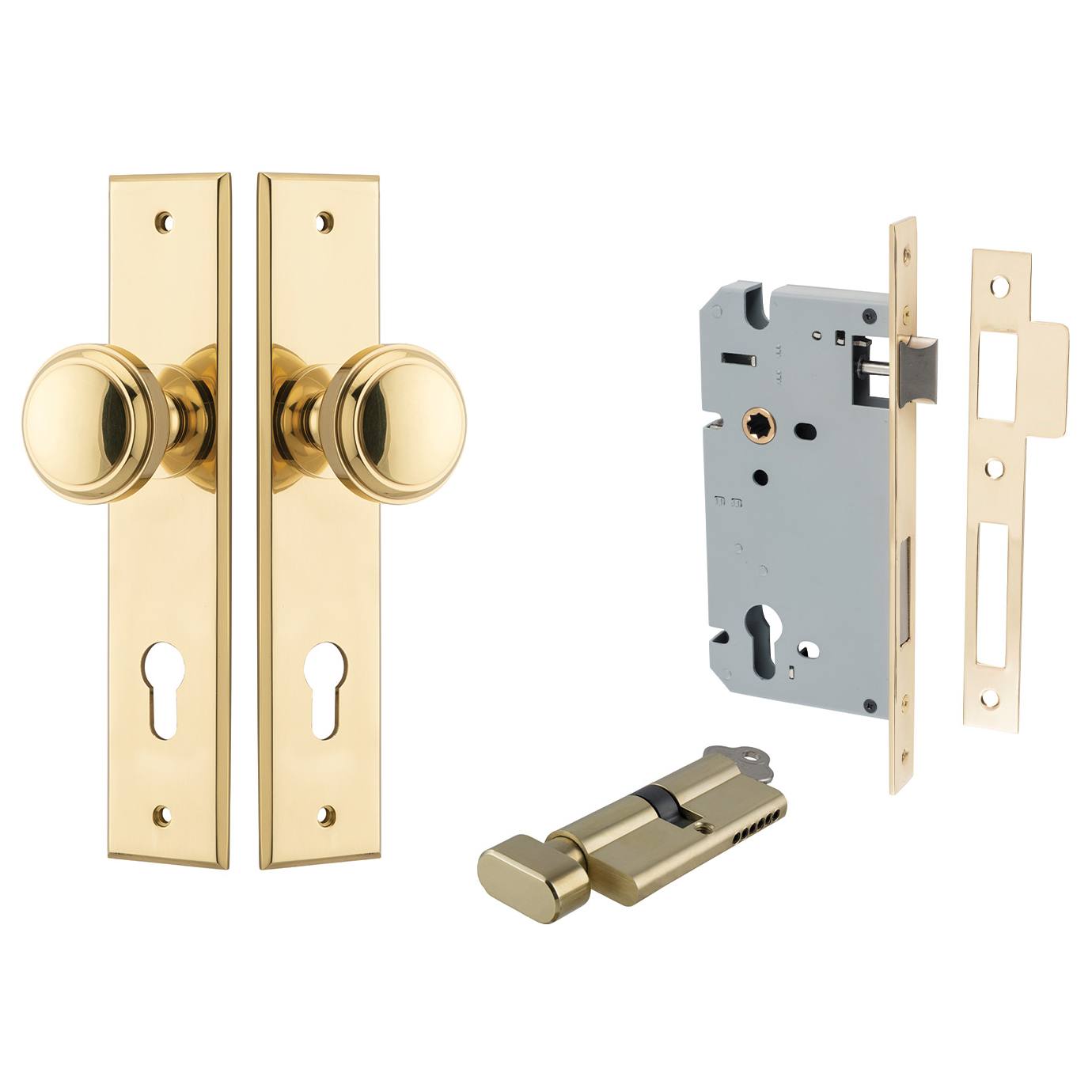Paddington Knob Chamfered Backplate Entrance Kit w High Security Lock Polished Brass