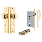 Paddington Knob Chamfered Backplate Entrance Kit w High Security Lock Polished Brass