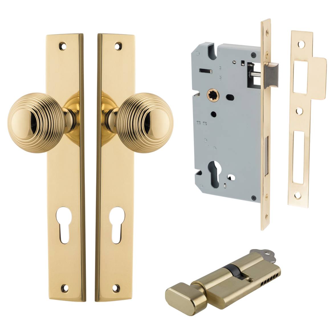 Guildford Knob Rectangular Backplate Entrance Kit w High Security Lock Polished Brass