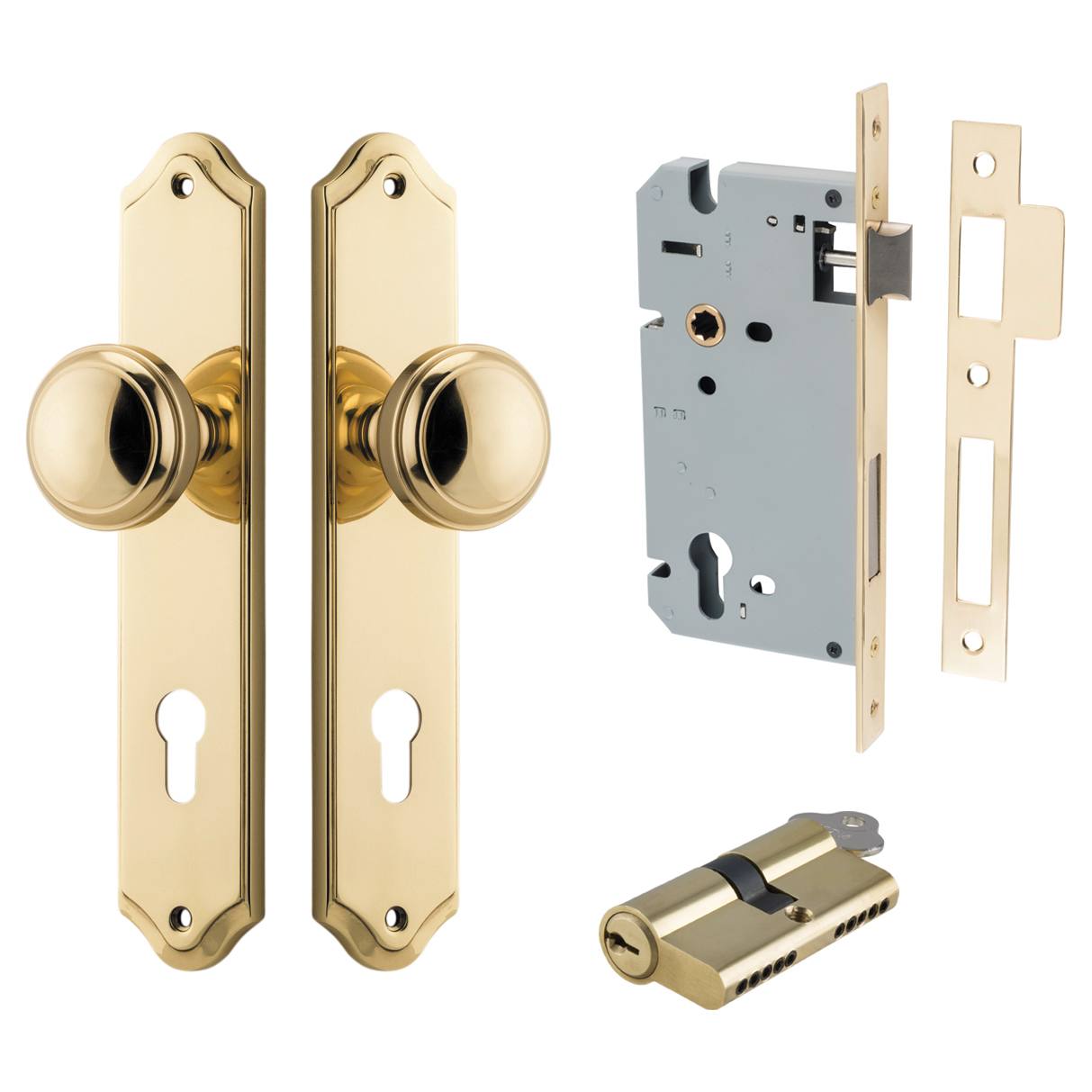 Paddington Knob Shouldered Backplate Entrance Kit w High Security Lock Polished Brass