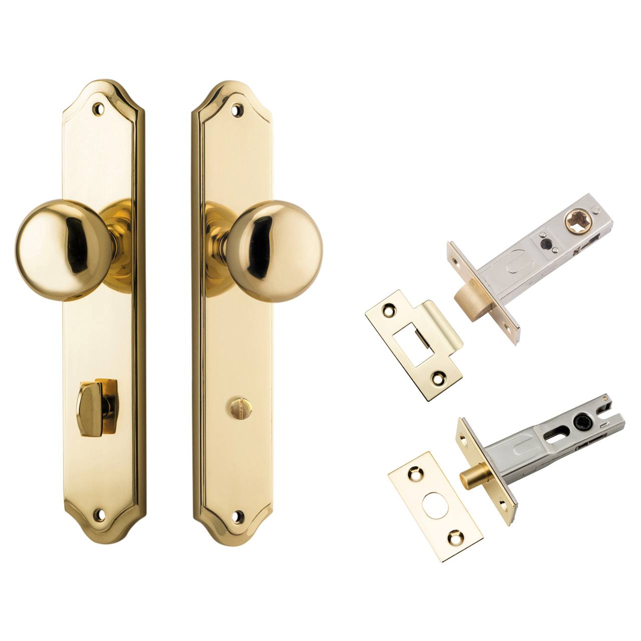 Cambridge Knob Shouldered Backplate Privacy Kit w Privacy Turn Polished Brass