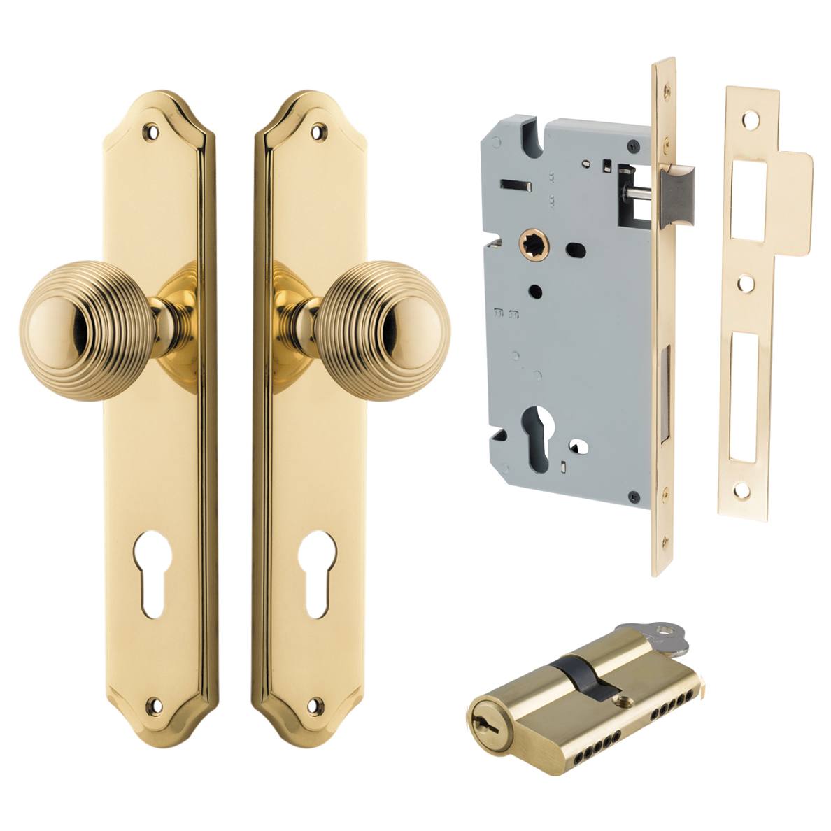 Guildford Knob Shouldered Backplate Entrance Kit w High Security Lock Polished Brass