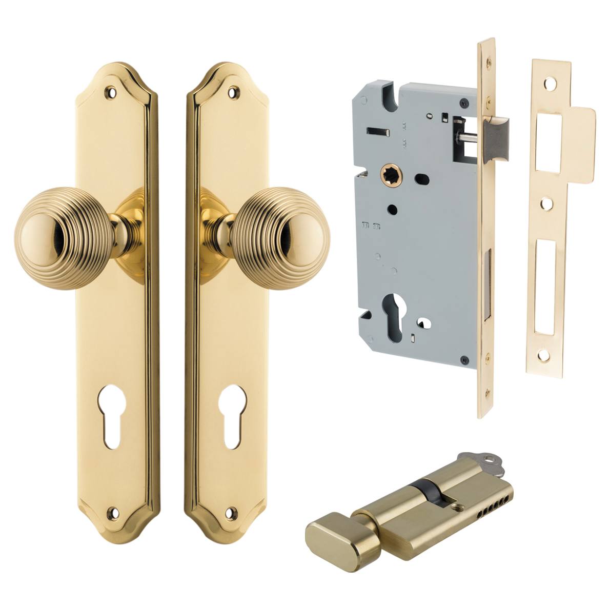 Guildford Knob Shouldered Backplate Entrance Kit w High Security Lock Polished Brass