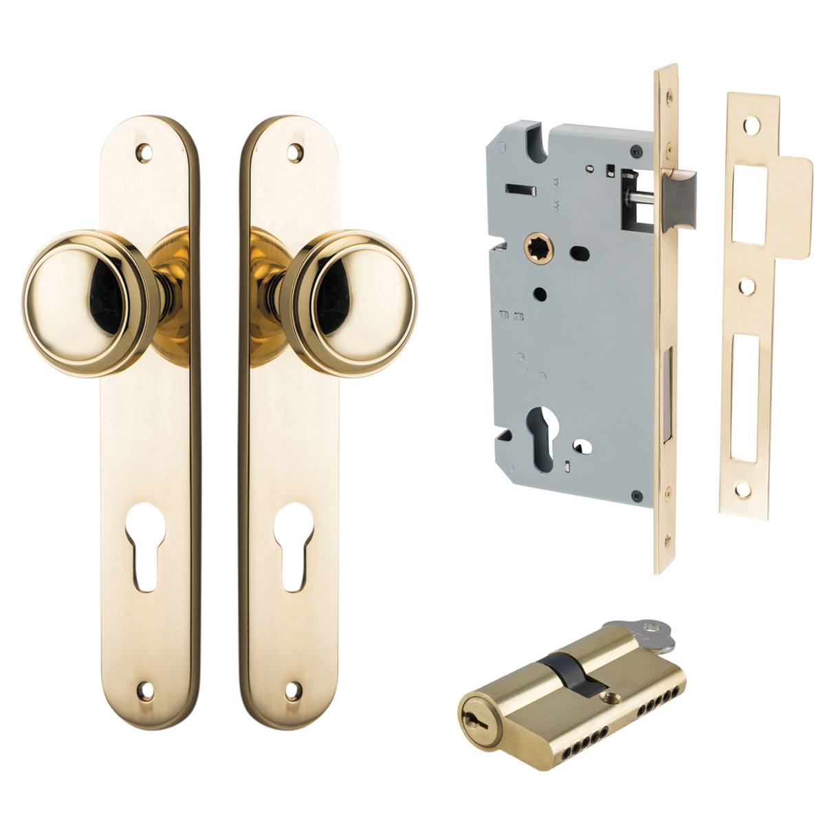 Paddington Knob Oval Backplate Entrance Kit w High Security Lock Polished Brass